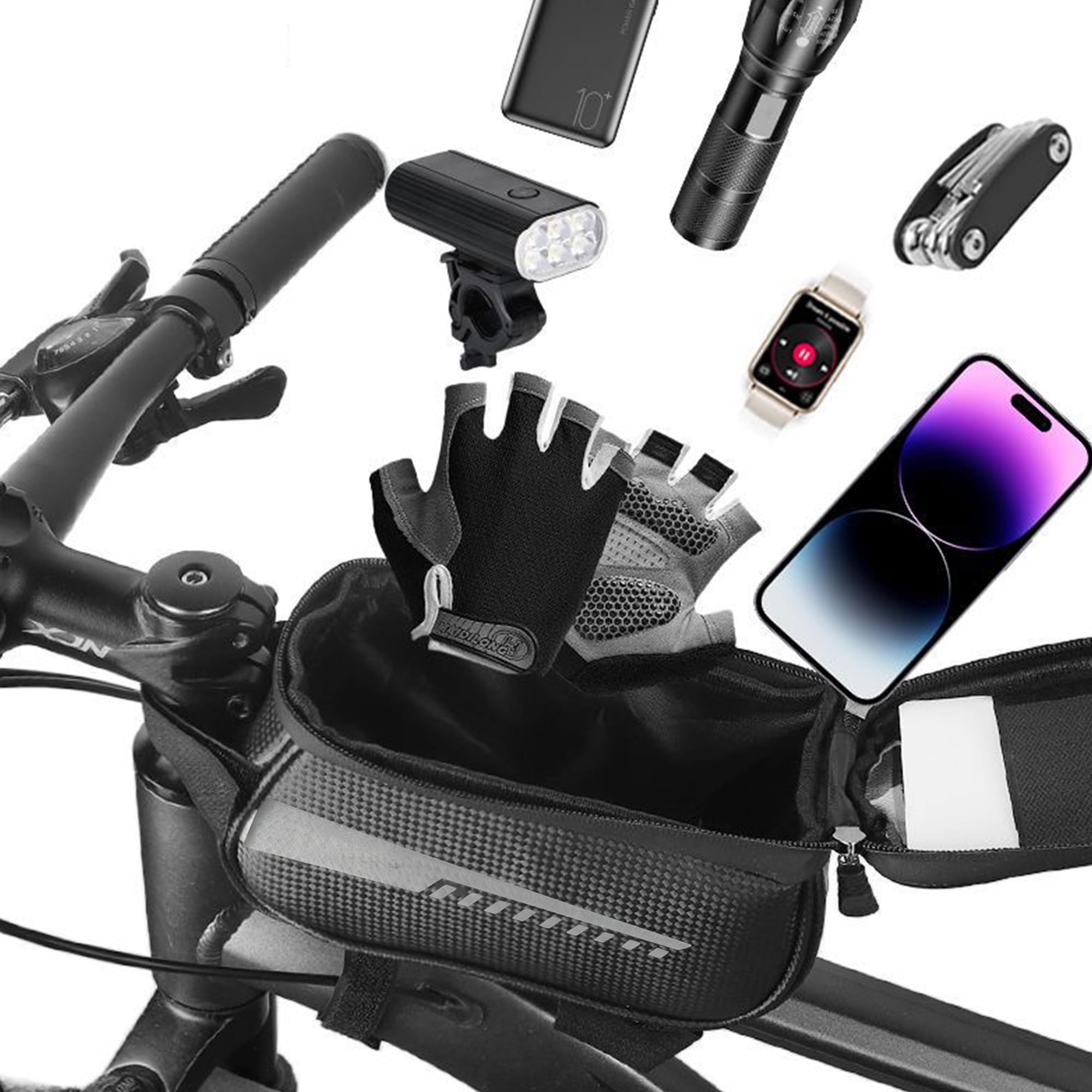 AmzDaKai Cycling Front Frame Bag, Waterproof Handlebar Mounted Storage Pouch with Transparent Phone Case for Rides, Commutes & Trips