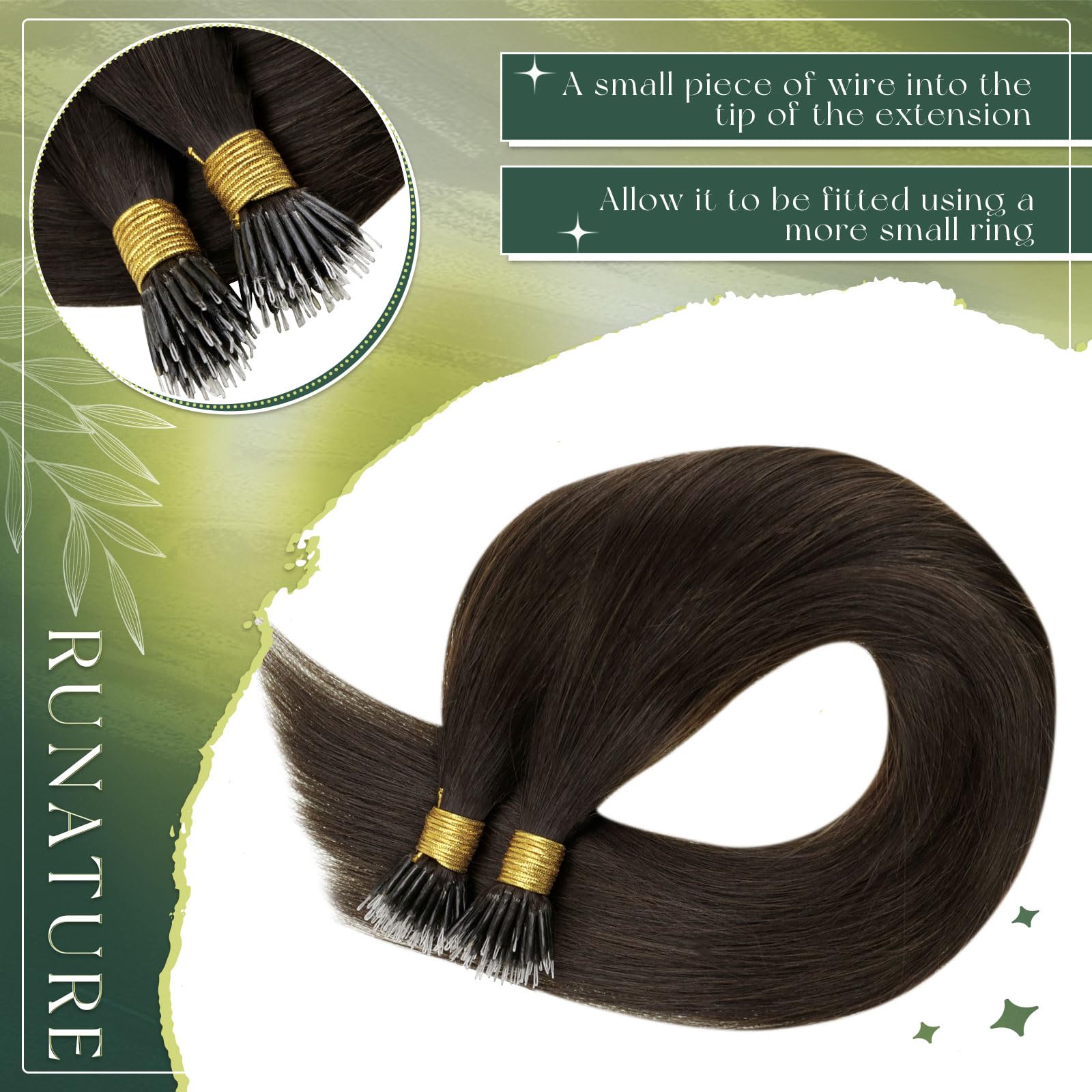 RUNATURE Nano Hair Extensions Real Human Hair Darkest Brown Nano Tip Real Hair Darkest Brown Cold Fusion #2 12 inch 40g - Image 3