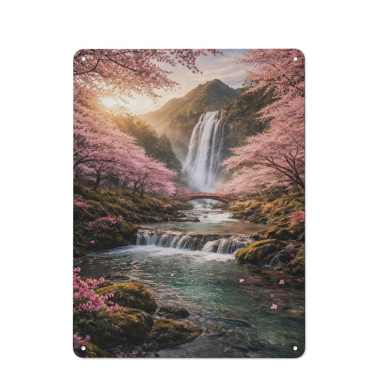 Metal Plaque 40x30cm with Sakura Waterfall Landscape for Hallway Wall, Rustic Decor, A Metal Wall Feature for Hallways And Entrance Areas