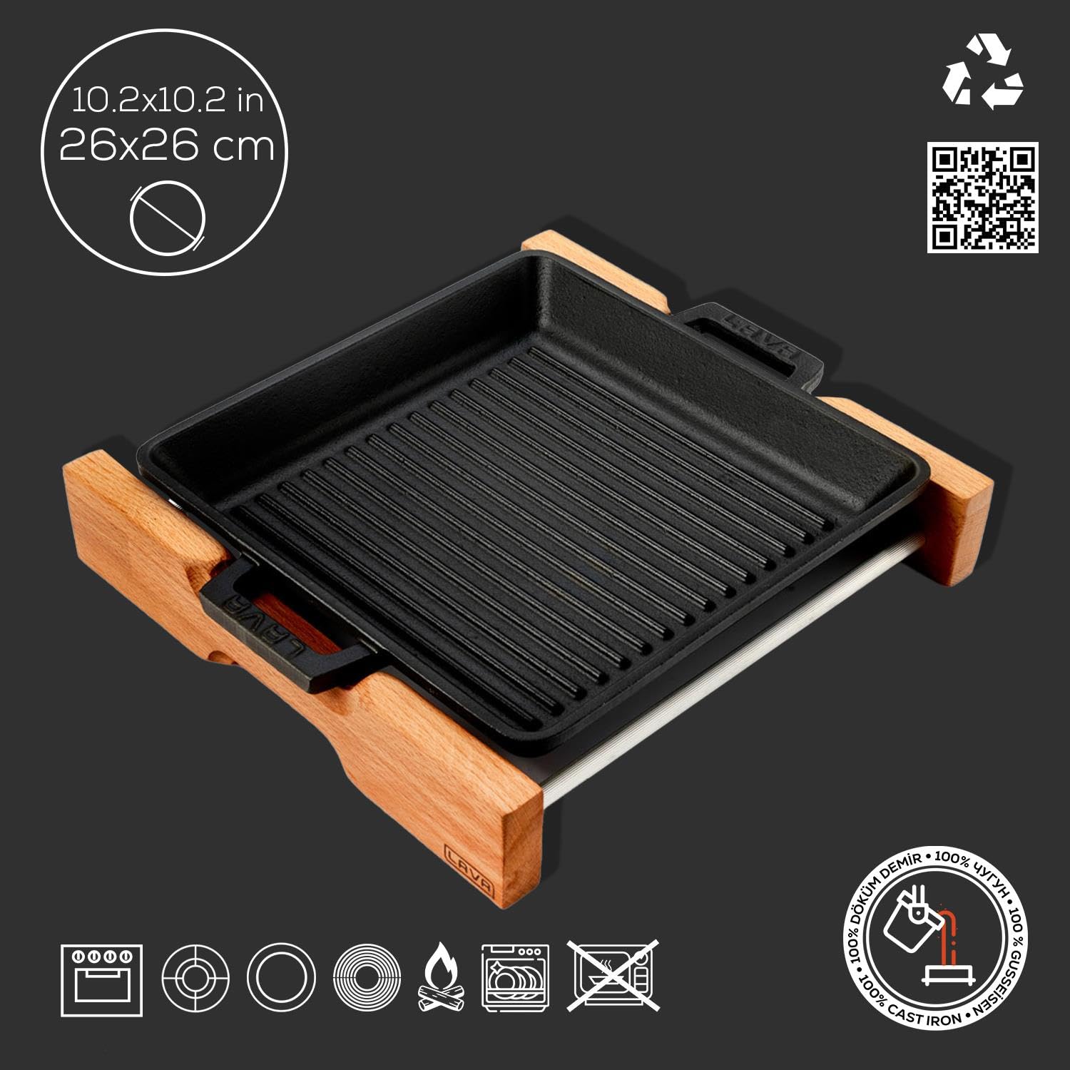 Lava - Griglia in ghisa con manici in metallo e supporto in legno, 26 x 26 cm