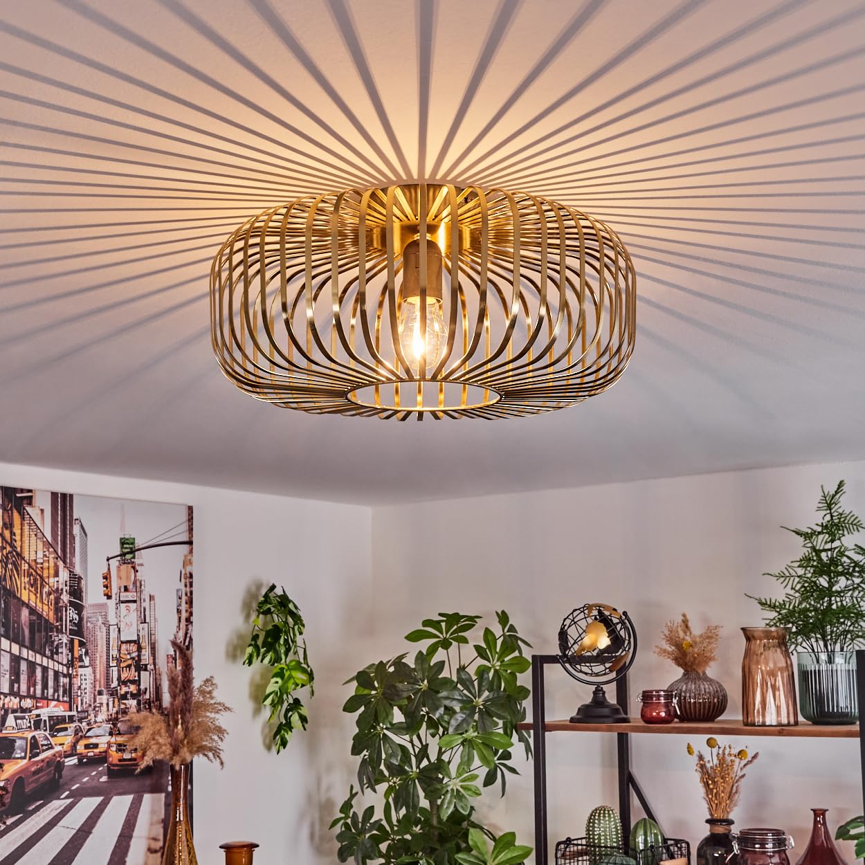Ceiling lamp Wemude, Round Ceiling lamp Made of Metal in Old Brass Colour, Vintage/Retro Light with Light Effect Through Lattice Optics, Ø 40 cm, 1-Flame, E27 Socket. Without Bulbs