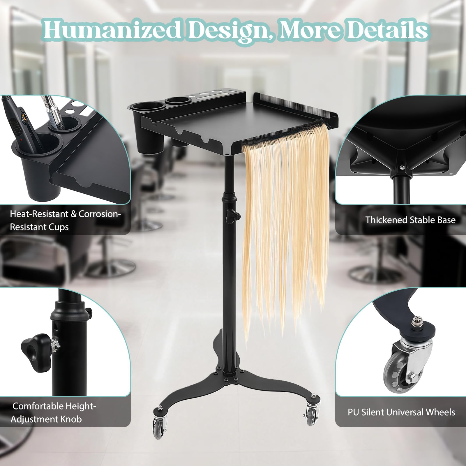 Bandeja de salón con ruedas con soporte, bandeja de servicio de salón ajustable en altura, de acero inoxidable, carrito de salón de peluquería, carrito de peluquería, estación de trabajo de tatuajes