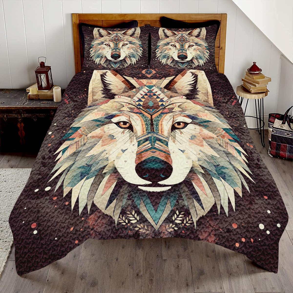 Customized Wolf Quilt - Blue Eyes Native Pattern Full Size Bedding King Size Comforter Set Decor for Girls Room Queen Sheet Set