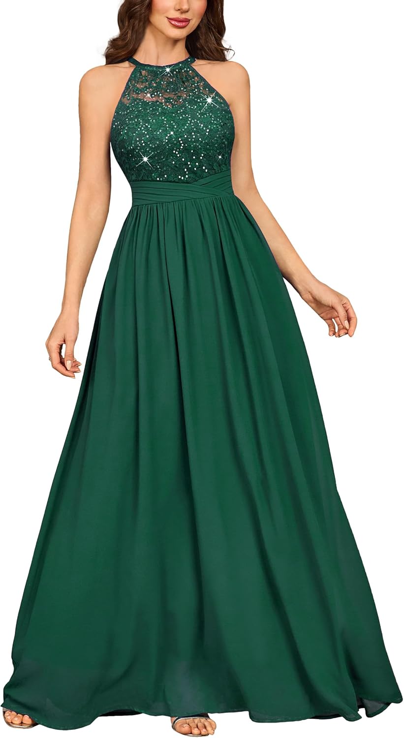 Miusol Women's Sequin Lace Sleeveless Halter Tie Formal Evening Maxi Dress