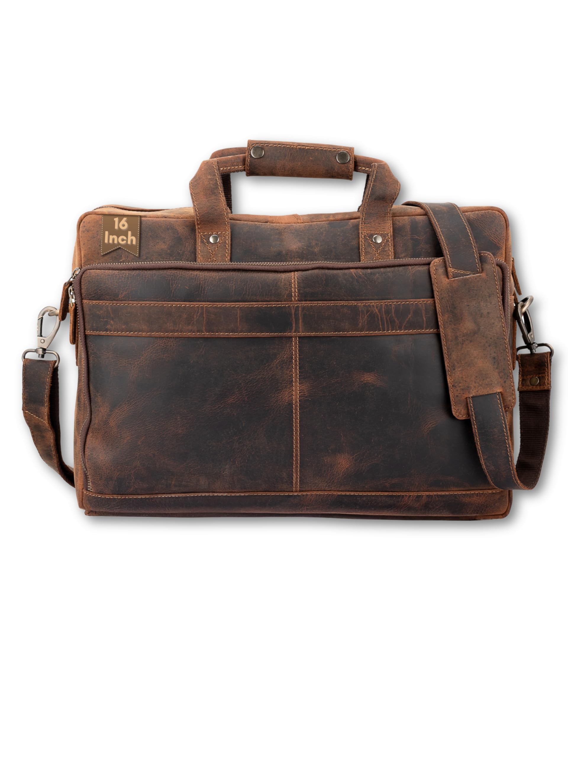 16 Inch Men's Genuine Hunter Leather Laptop Messenger Bags, Vintage Brown Handmade Briefcase Shoulder Satchel Handbags for Men with Multiple Compartments and Trolley attachment-image-23