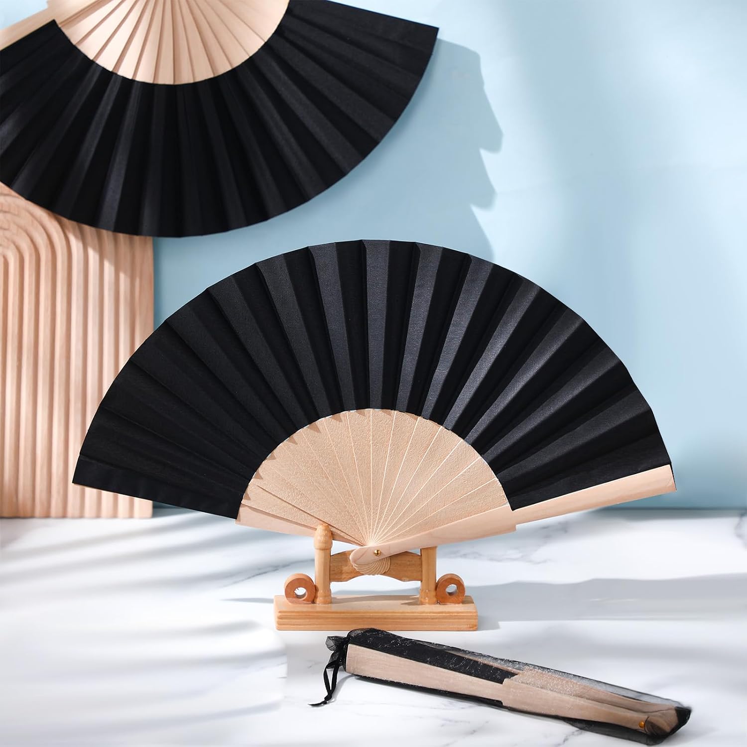 Chuangdi 2 Pack Bamboo Folding Hand Fans 8.27 Inch Portable,Black