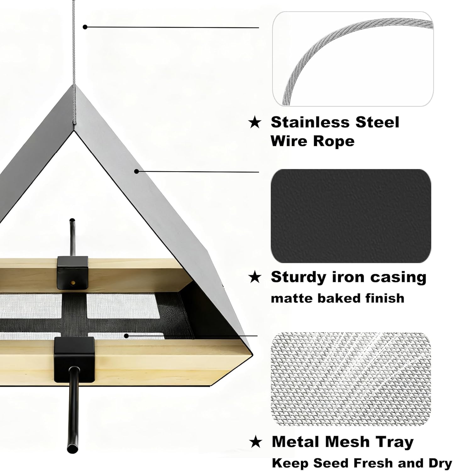 HOSUN Black Sturdy Metal Roof Bird Feeder - Durable Outdoor Hanging, Easy to Clean, Metal Mesh Ventilated, Bird Watching Gift & Garden Decor for Cardinals, Bluebirds & Wild Birds