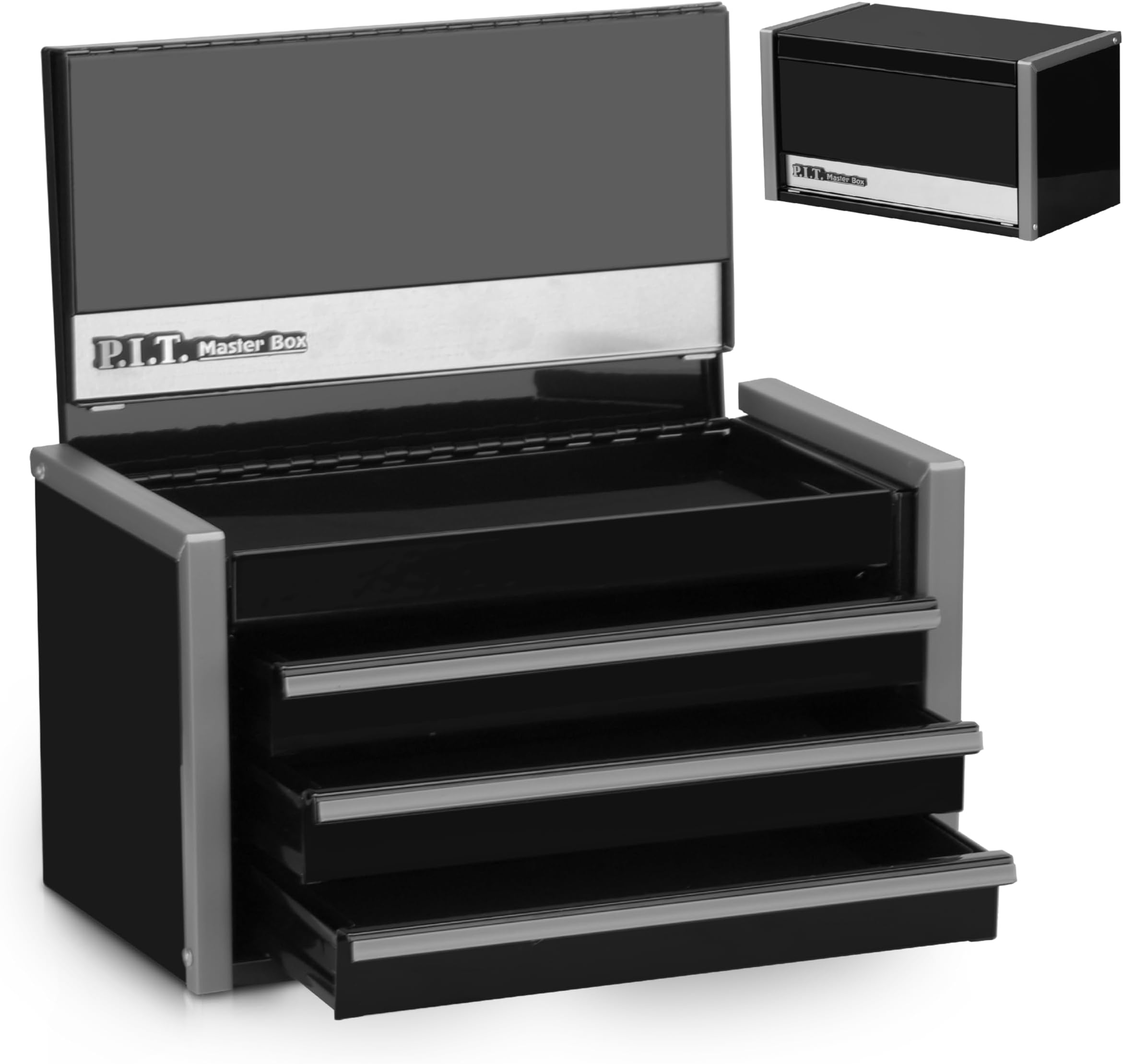 P.I.T. Mini Tool Box 8.6"W X 4.6"D, Portable 3 Drawer Steel Stackable Black Tool Box with Magnetic Tab Locking, Black Micro Top Chest with Liner for Tools Storage and Organizers, Home DIY