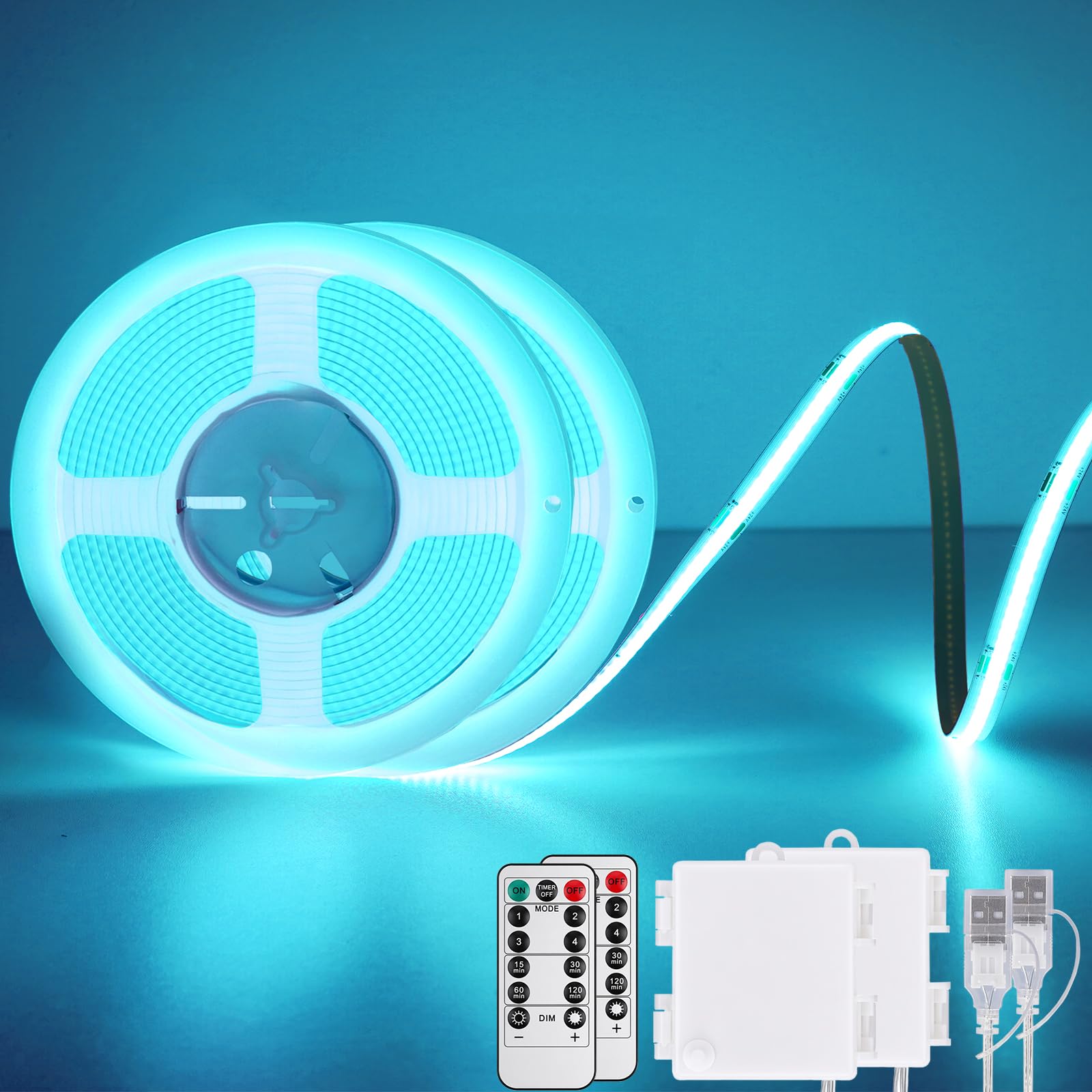 StarryEver 2M 640LEDs Sky Blue COB LED Strip Lights Battery Powered, Dimmable Cuttable Flexible Wireless LED Tape Light for Cabinet, Boat, Computer, TV backlighting, Holidays Party DIY Decor(2 Pack)