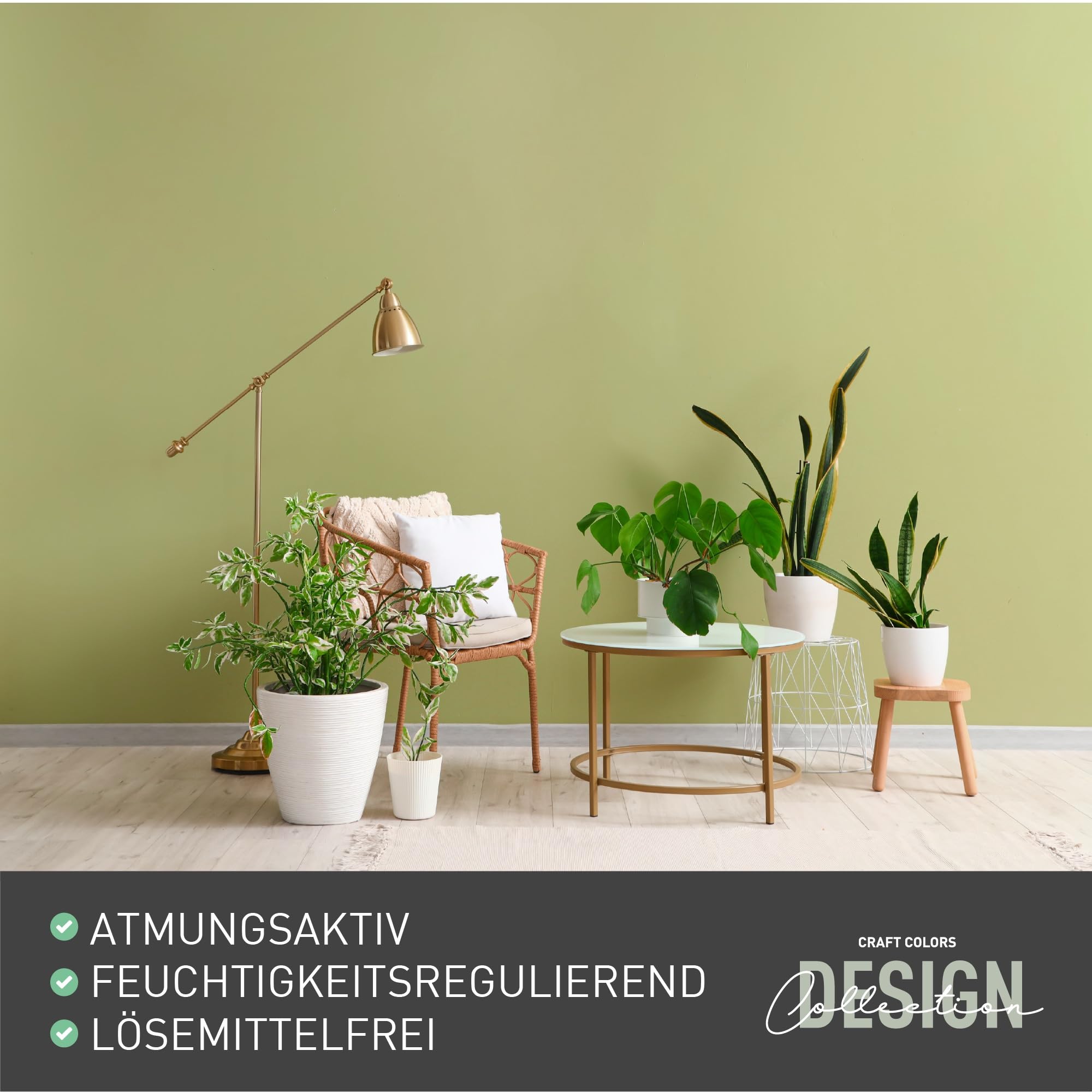 Craft Colors® 5L hochwertige Wandfarbe edelmatt, Kreidefarbe made in Germany, DESIGN Collection No. 681 Matchagrün