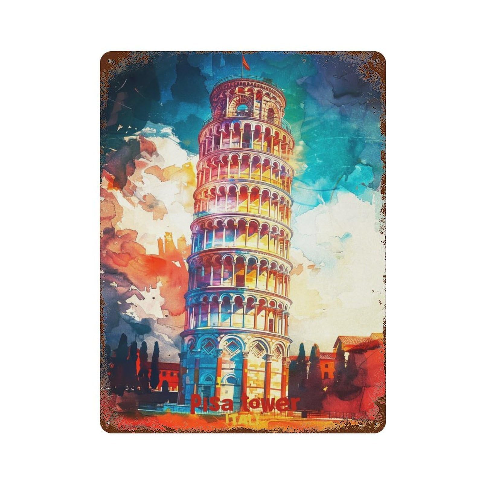 Pisa Tower Art Rustic Tin Plaque 15.7"x11.8", for Living Room, Hallway And Home Decor, Decorative Metal Wall Art