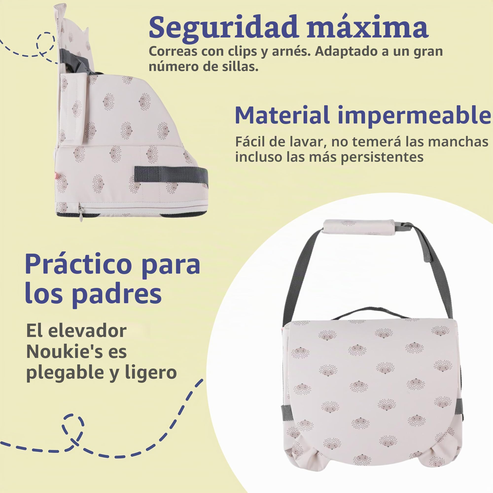 NOUKIE'S – Elevador de herederos para bebé de 9 meses a 3 años silla infantil con respaldo y cojín, ligera, plegable y nómada, arnés, seguridad, impermeable, extraíble y lavable, máximo 13 kg, viaje