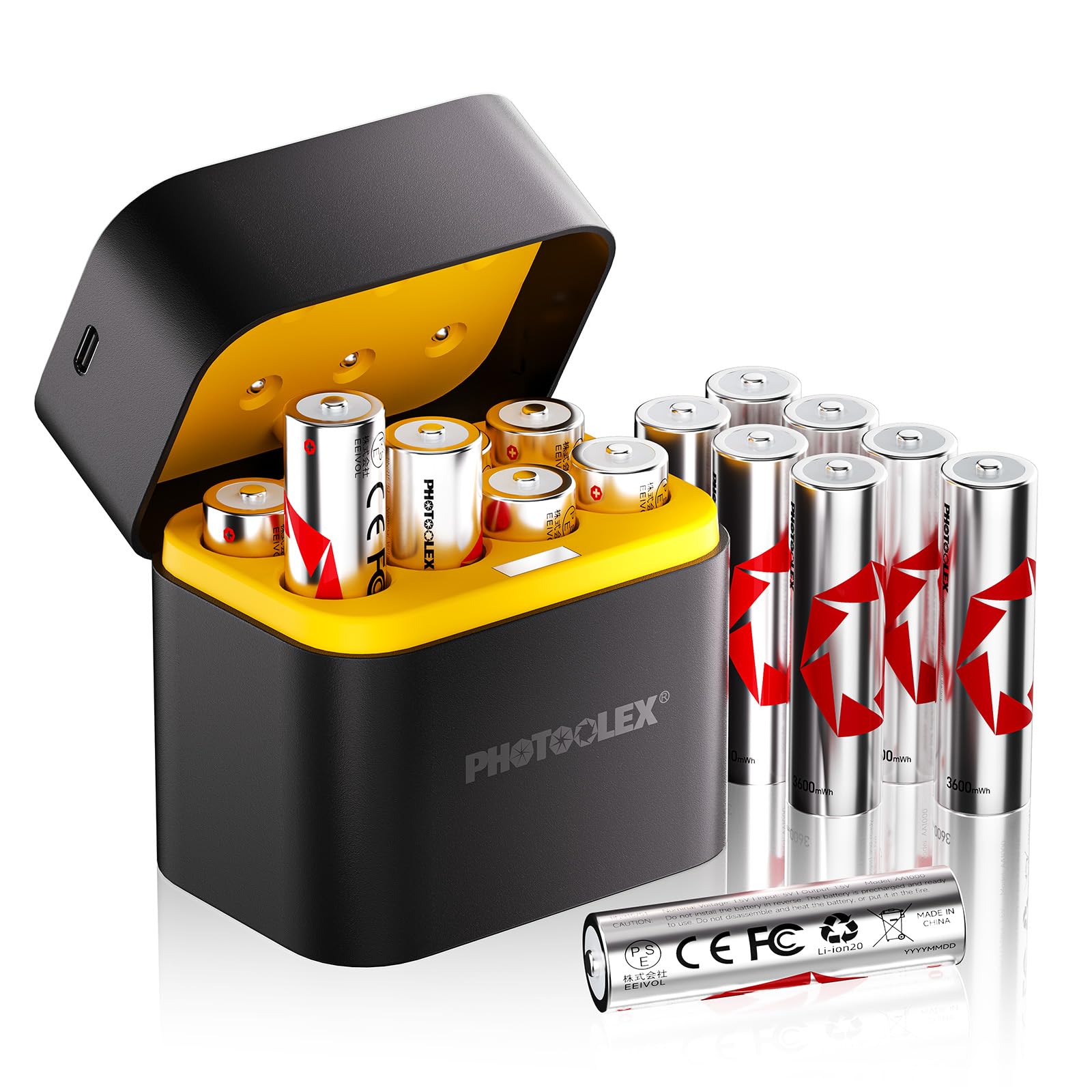 PHOTOOLEX AA Rechargeable Lithium Batteries 8-Pack with Charger, 3600mWh High Capacity 1.5V Constant Voltage & 3A Discharge AA Batteries with Integrated Charing Storage Box for Xbox Blink Camera Flash — view 8