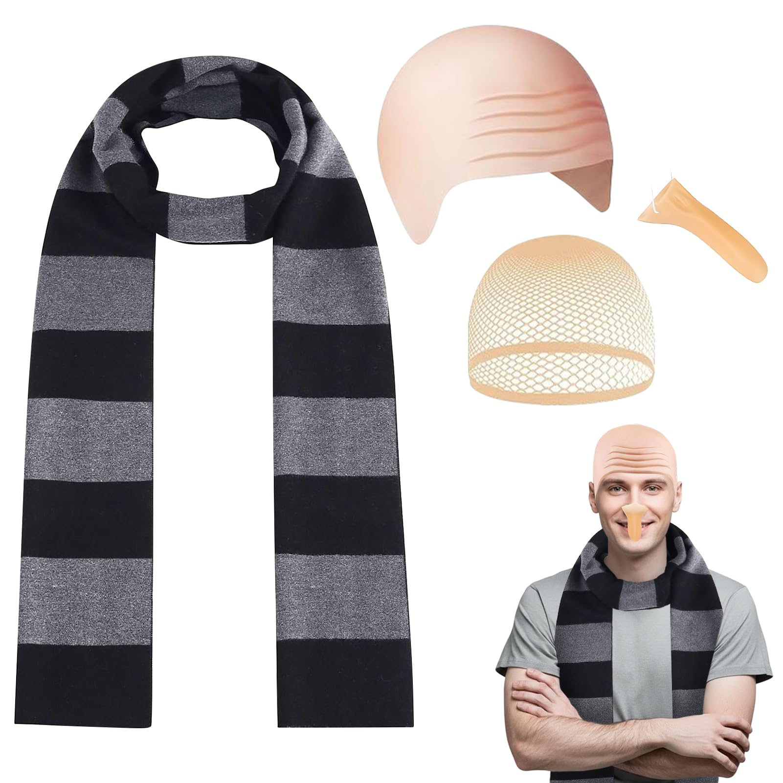 Moerstar Halloween Costume Accessories Set for Adult Bald Cap Striped Scarf Long Nose for Movie Fancy Dress Up Cosplay
