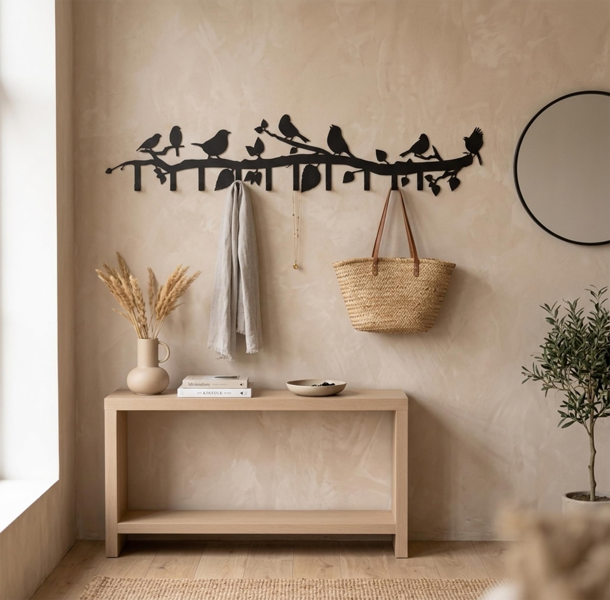 Dekadron Porte-manteau mural en métal sur le thème des oiseaux avec crochets pliants de 6 à 8 à 10 cm, support mural pour salle de bain, entrée, salon, chambre à coucher, crochets en métal, (100 x 21