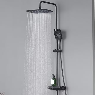 Auralum Grifo Ducha Termostatico, Columna Ducha Negra con Estante, Alcachofa de Ducha Lluvia 30x19cm, Cabezal Ducha de Mano con 3 Modos, Duchas de Baño Columna Altura Regulable 88-124cm,