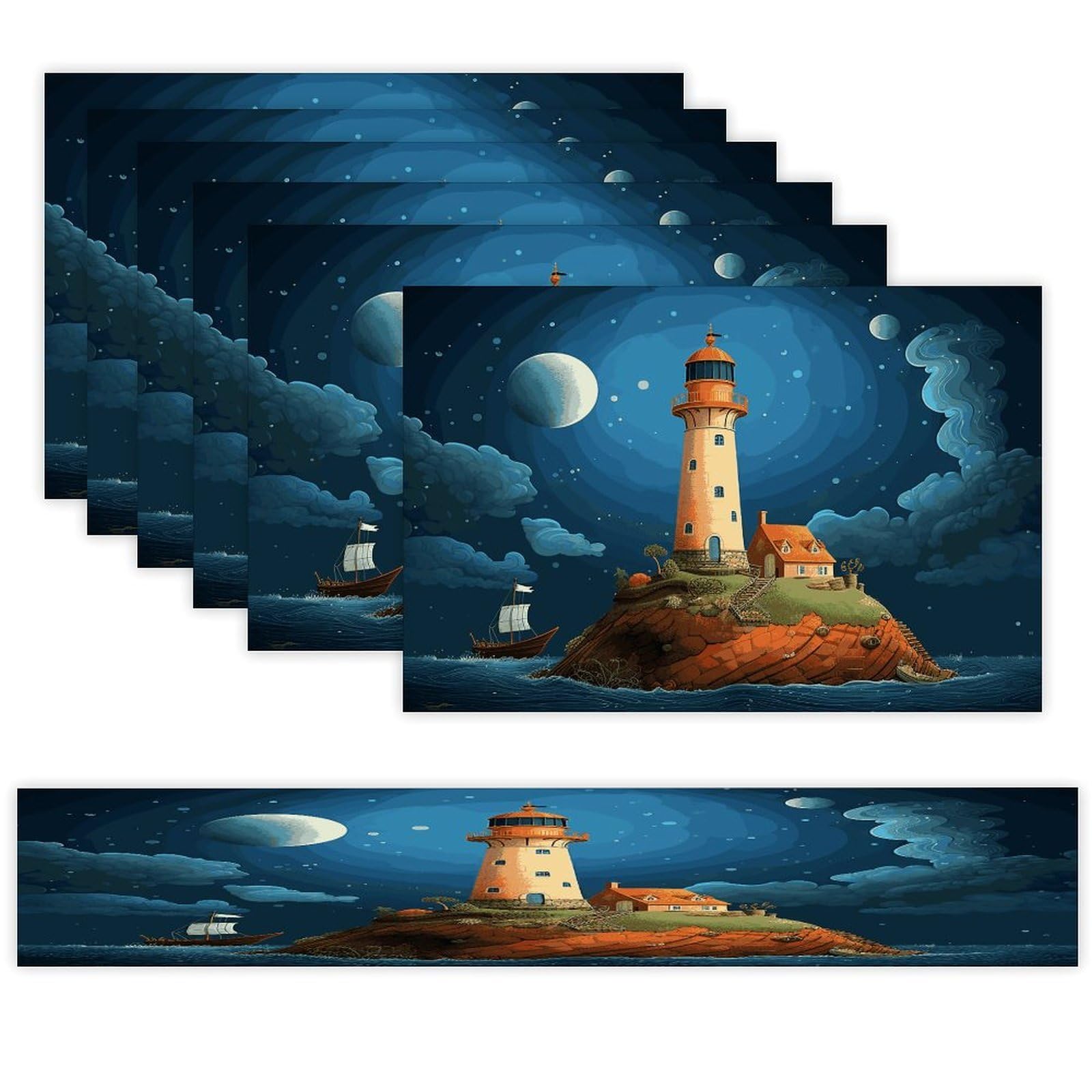 Catoon Whale Lighthouse Table Runner and Placemats Set of 6 Modern Art Table Runners Table Mats Heat Resistant Non-Slip Place Mats Washable Linen Dining Mat Sets for Kitchen