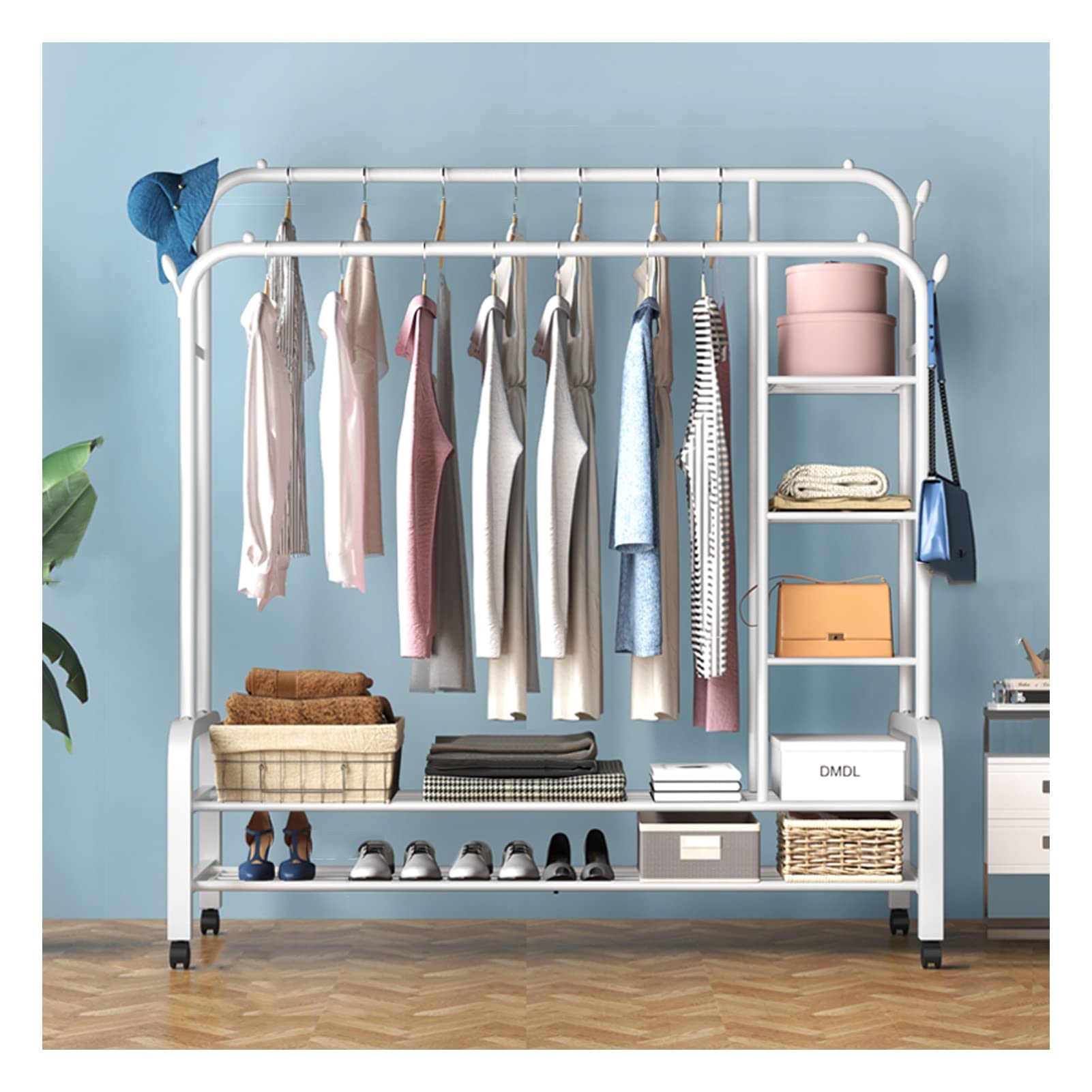 BLUNOADouble Clothes Rails Bedroom Clothing Rack with 2 Hanging Rails and Lower 5 Tier Storage Shelves Garment Rack Adds Instant Closet Space Max. Load 100 Kg (Color : White, Size : 150CM)