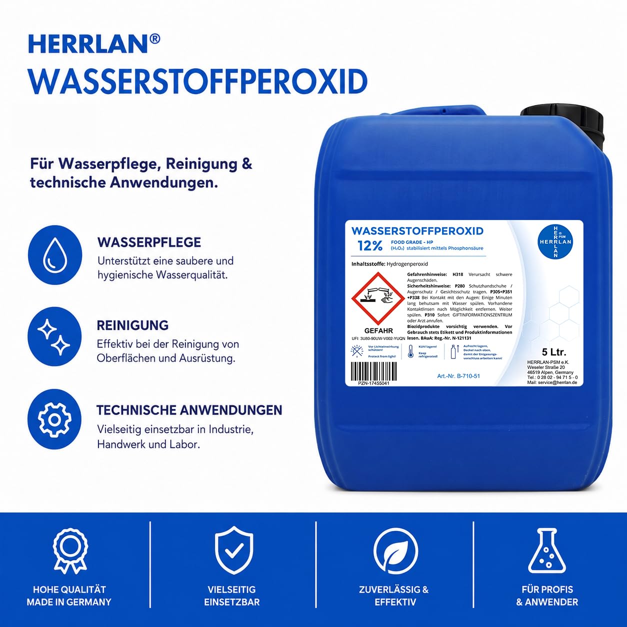 HERRLAN® Wasserstoffperoxid 12% Aktivsauerstoff – 5 Liter Kanister- Stabilisiert - FOOD GRADE Qualität - Wasserpflege & Reinigung - Klarwasser-Effekt - Made in Germany