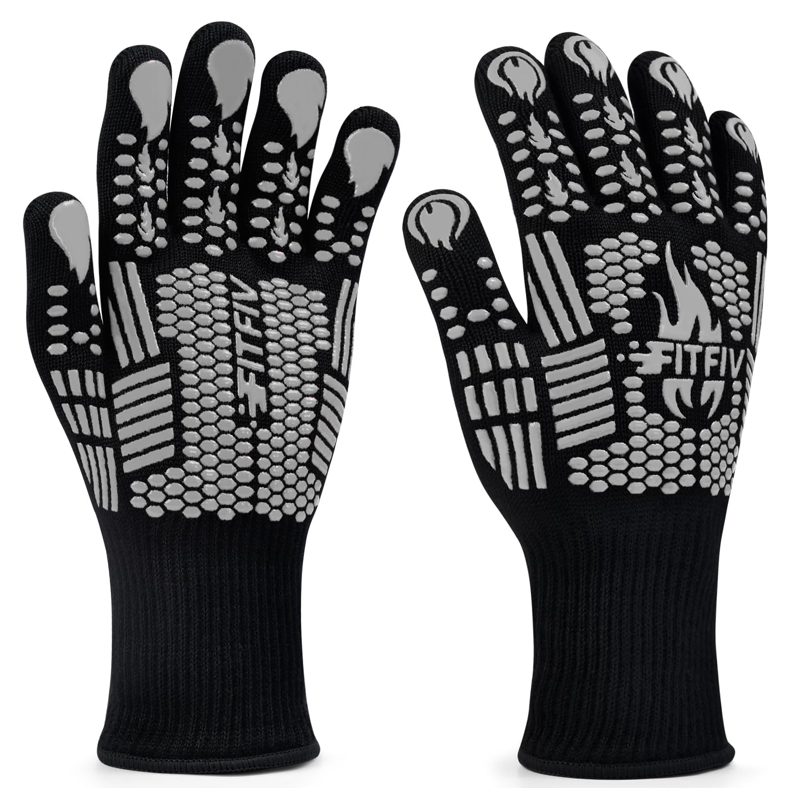 BBQ Gloves, Oven Gloves, 1472°F Extreme Heat Resistant Barbecue Gloves, Silicone Non-Slip Oven Mitts, Kitchen for Cooking, Grilling, and Baking (Gray)