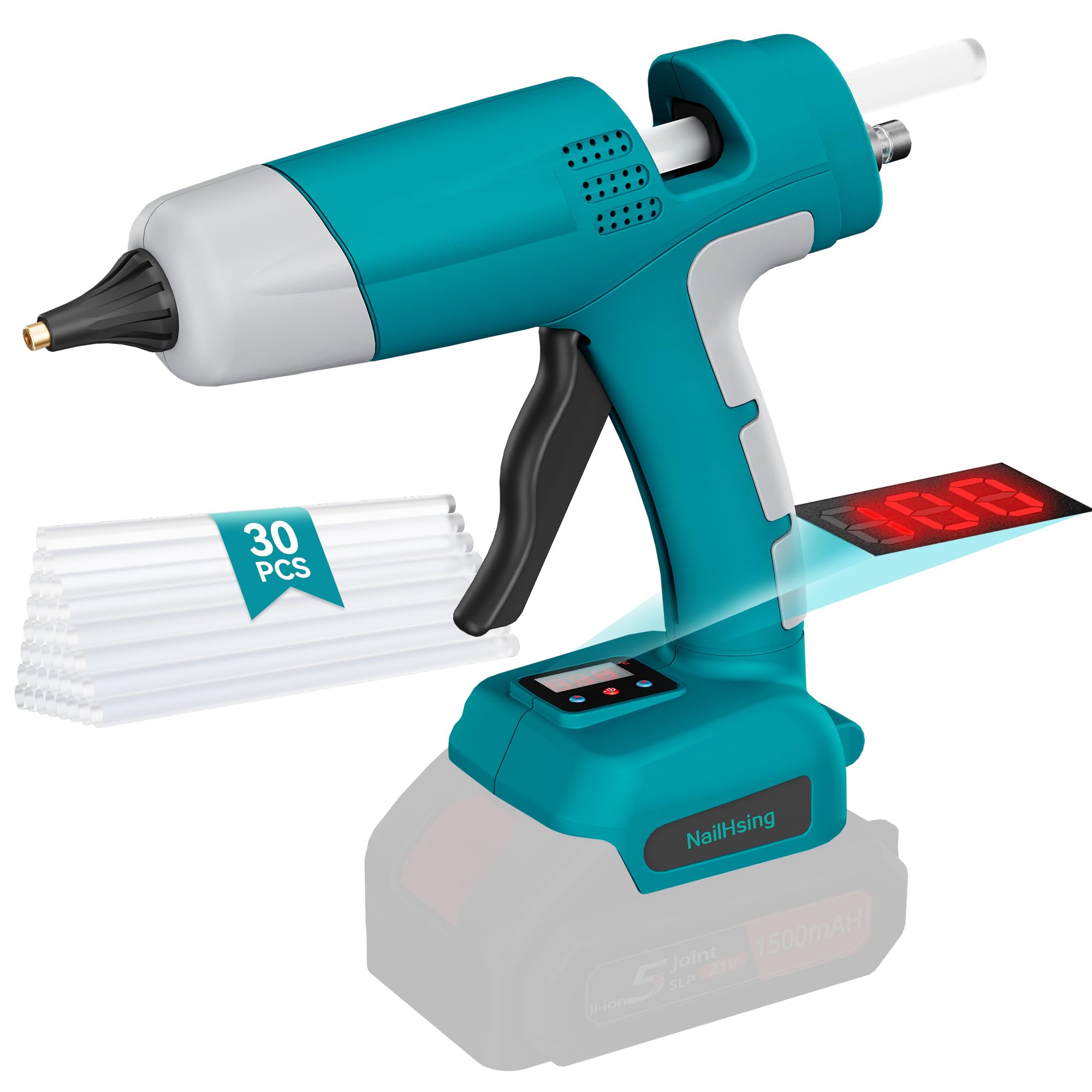 Nailhsing 100W Cordless Hot Glue Gun, Featuring Digital Temperature Control, Comes with 30 Glue Sticks (11mm ร 15cm),Suitable for Crafts, DIY, Home Repairs and School Use (Batteries Not Included)