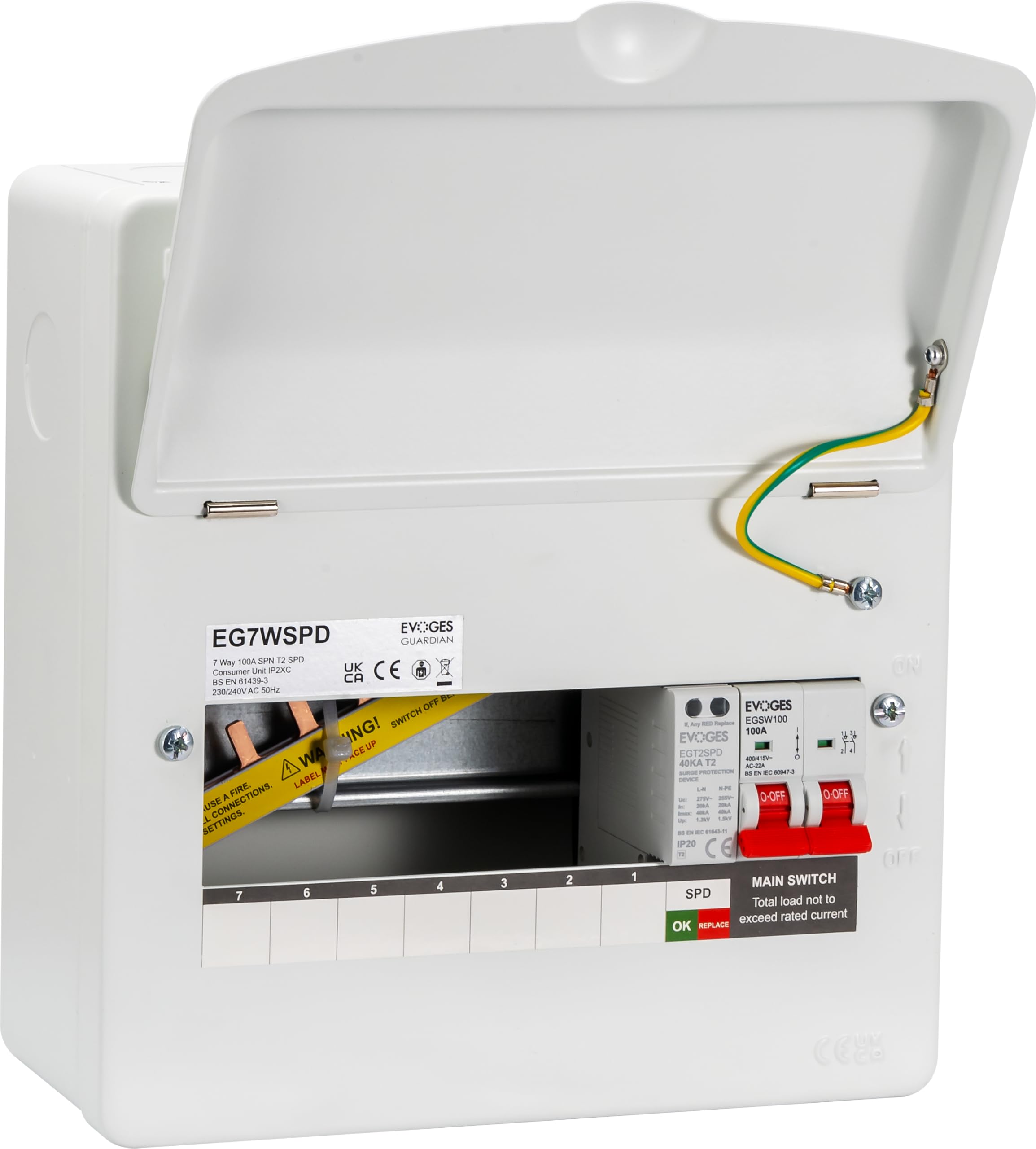 Evoges Guardian EG7WSPD 7-Way Metal Consumer Unit | Integrated Type 2 40kA Surge Protection Device (SPD) & 100A DP Main Switch | 10-Way Enclosure with 9-Pin Busbar | 18th Edition Amendment 2 Compliant