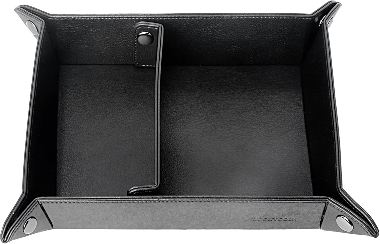 LUCKYCOIN Valet Tray Desktop Storage Organizer,Vegan Leather Jewelry Tray,Removable 2 Compartments Catchall Bedside Vanity Nightstand Caddy Holder Desk Storage Plate 12.6 in - Black