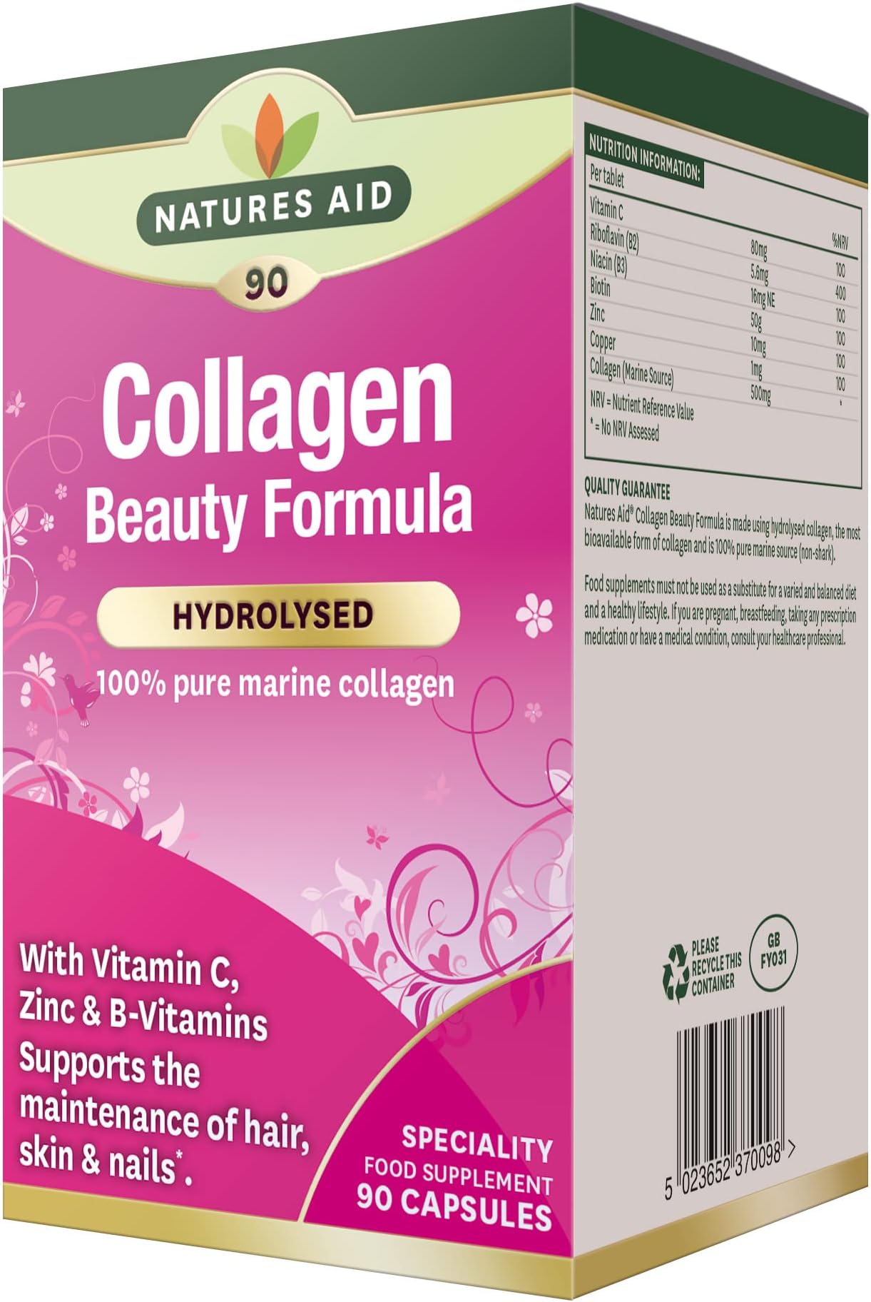 – Natures Aid Collagen Beauty Formula With Vitamin C, B & Zinc |For Maintenance Of Normal Hair, Skin & Nails | Supports Normal Collagen Formation In The Skin | Hydrolyzed | 90 Vegetable Capsules