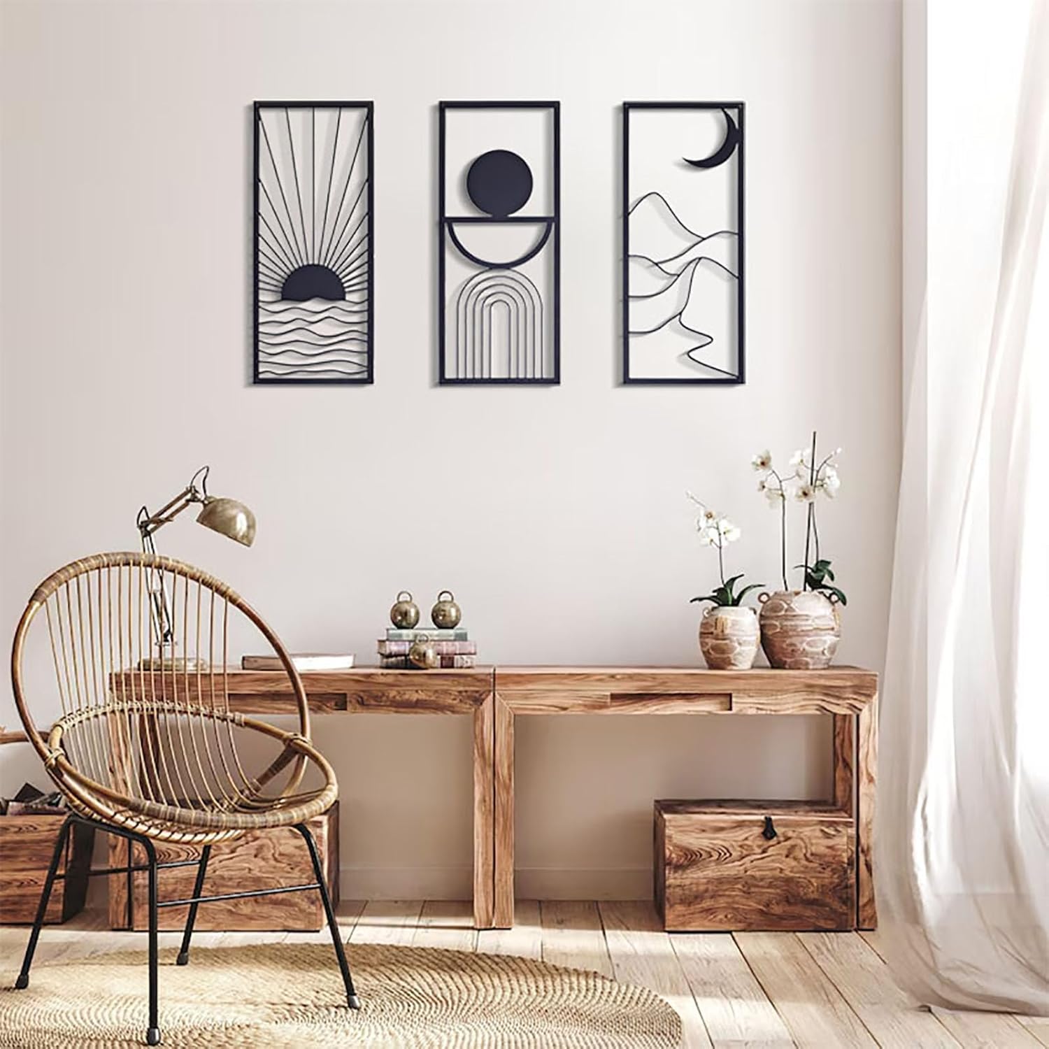 DUOOLN 3 Pcs Black Abstract Metal Wall Decor, Minimalist Decorative Single Line Art Wall hangings, Modern Geometric Sun Moon Mountain Scene Metal Wall Sculpture for Living Room Bedroom Bathroom Study Home Wall Painting