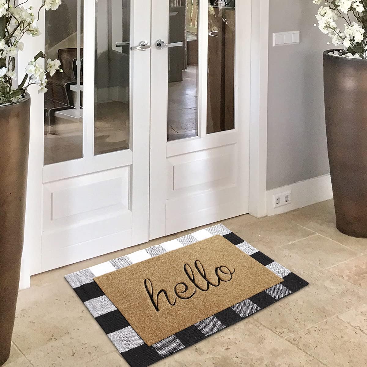 LAN SHAN QUE Doormat Combo Set Brown Hello Mat Outdoor Indoor with Non Slip Rubber Backing+Buffalo Plaid Rug 24”x36” Black and White for Layered Decorative Easy Clean Front Door Welcome Mat