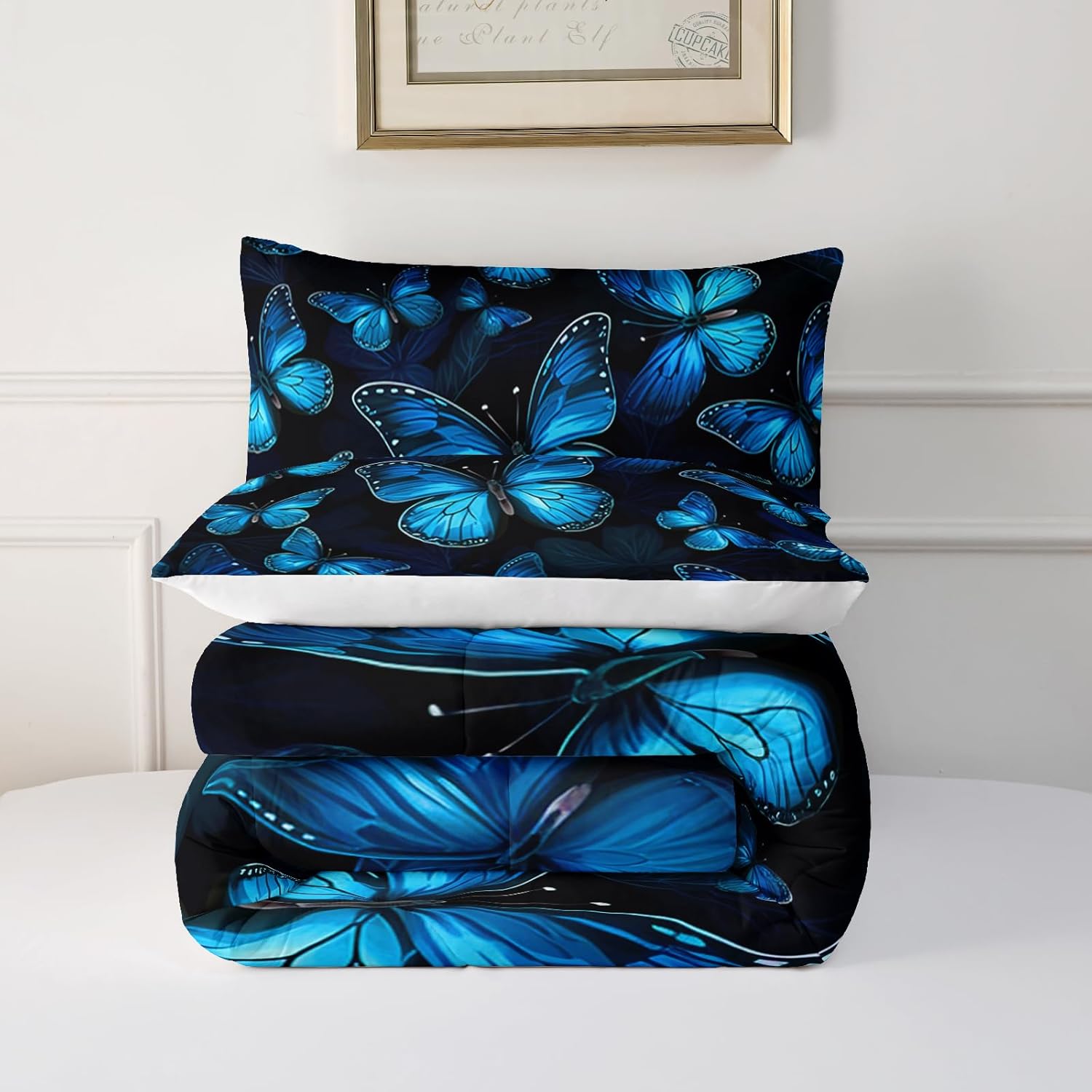 Blue Butterfly Bedding Sets Queen Dreamy Butterfly Comforter Set, Butterfly Comforter Set for Girls Kids Teens 3 pcs Bed in a Bag Bedding Sets, Black Bed Set with1 Comforter and 2 Pillowcase