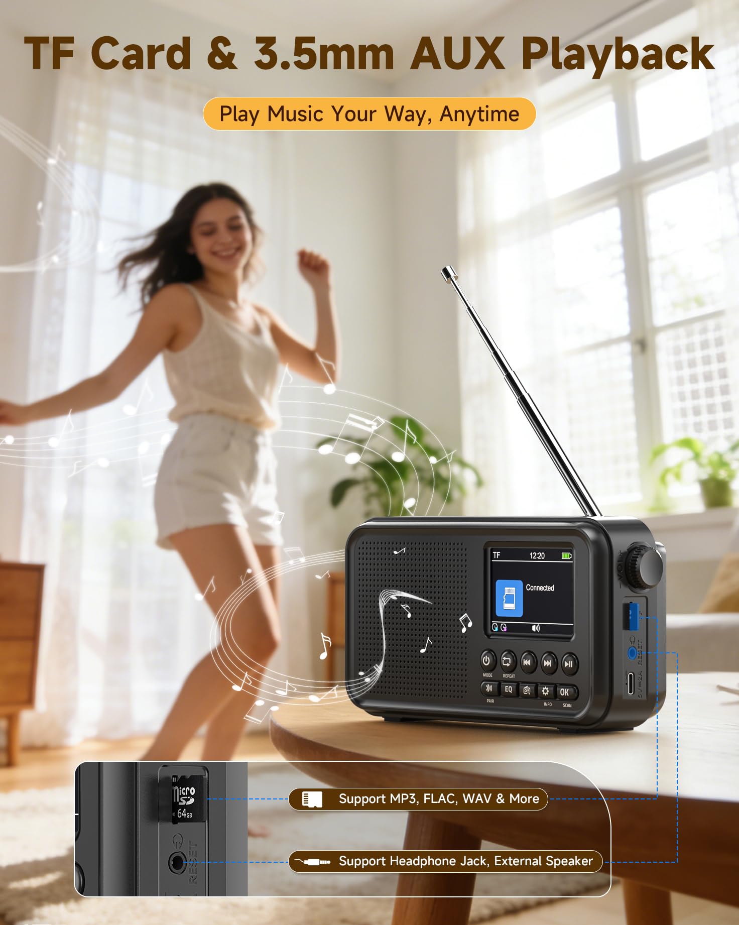 Roxicosly Portable DAB+/DAB/FM Digital Radio with Bluetooth, 3000mAh Rechargeable Battery & USB-C Mains, 2.4" TFT Colour Display, 80 Presets, EQ, AUX, MicroSD Slot, Dual Alarm, Snooze & Sleep Timer — view 5