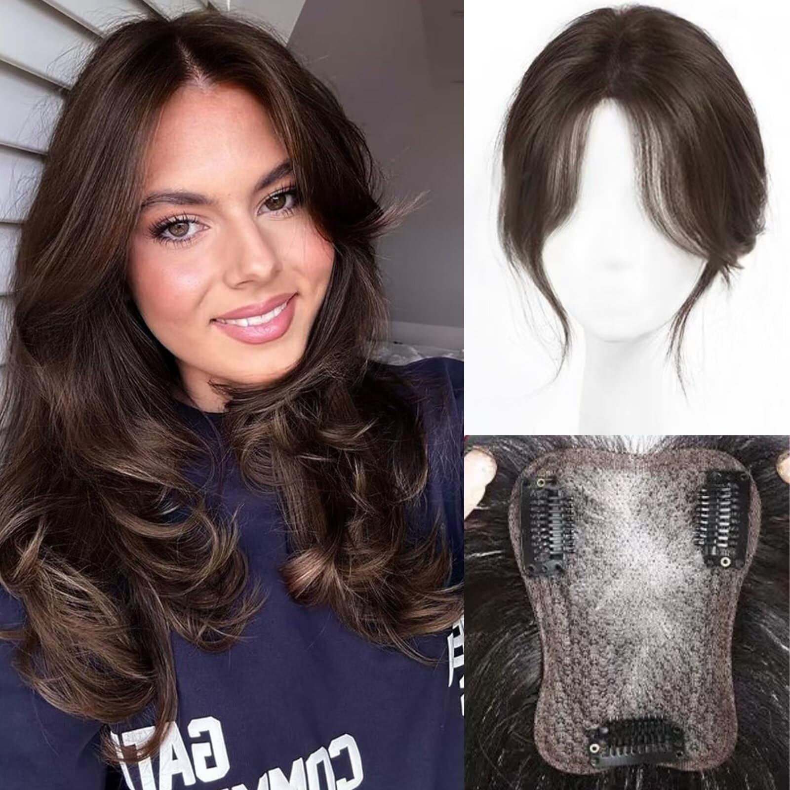 Haaropper für Frauen echtes menschliches Haar, 360 ° 3d No Pons Top Hair Extensions Haare mit achtcharakterem Pony, deckt spärliches Haar, brauner Stil 1 ab