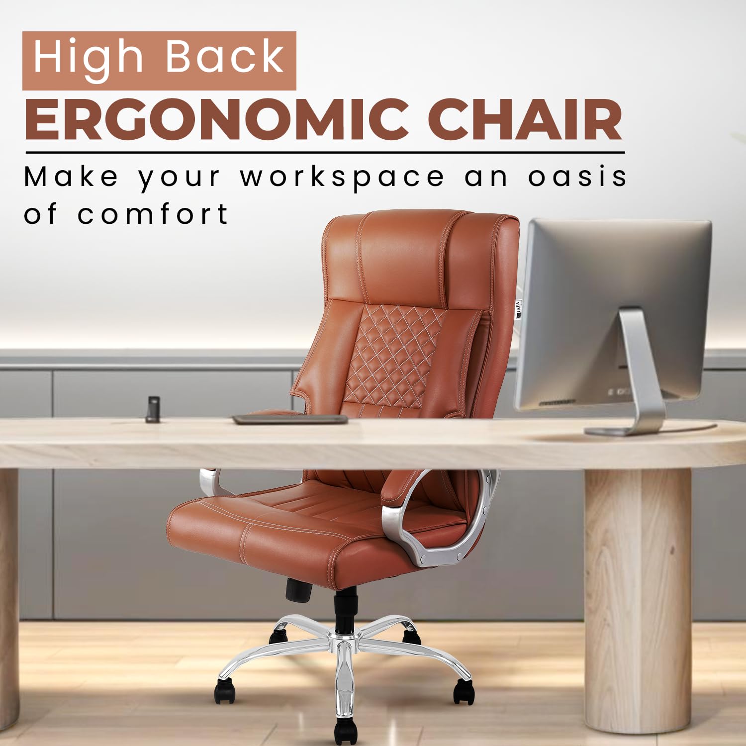 IAFA FURNITURE® Imperium | Leatherette Ergonomic Boss Chair | Spacious Cushioned Seat | High Back Executive Chair | Fixed Padded Armrests | Heavy Duty Metal Base | 2 Years Warranty (Brown) (DIY)