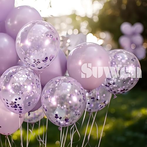 Miniatura 3 de SUWEN Globos metálicos de lavanda y globos de confeti de 1812105 pulgadas, diferentes tamaños, juego de 60 unidades, globos de látex brillante