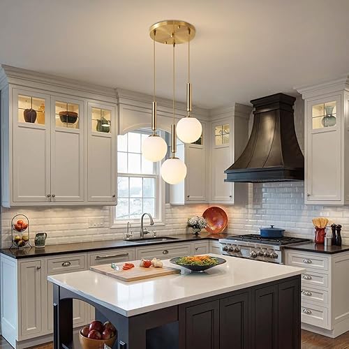 Miniatura 4 de KCO Iluminación colgante de 3 luces en racimo de iluminación colgante de globo dorado de mediados de siglo, lámpara colgante grande de vidrio blanco