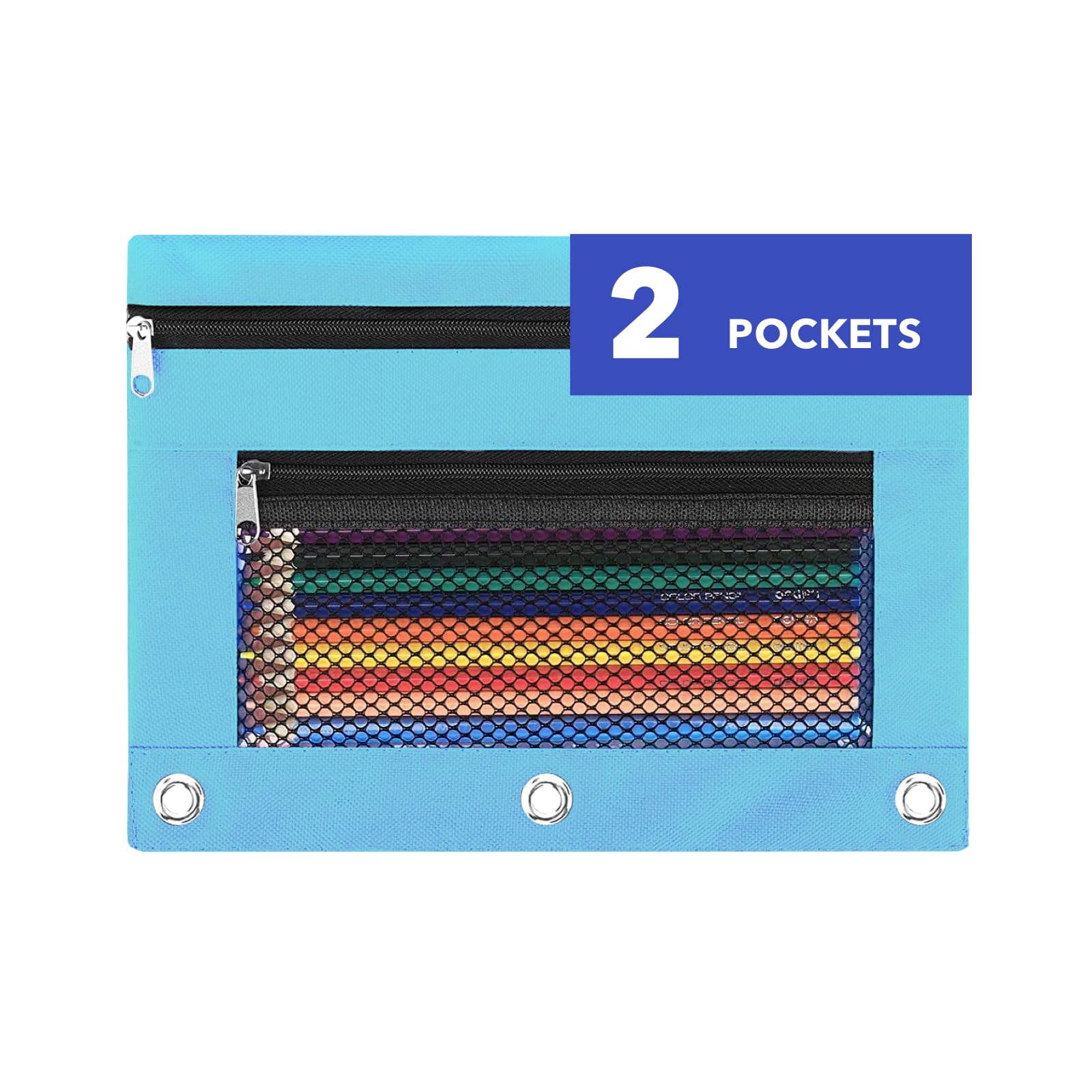 Pencil Pouch for 3 Ring Binder - 3 Hole Zipper Pen Case Bag Holder Bulk Accessories Clear Window Aesthetic Organizer Pockets (Sky Blue)
