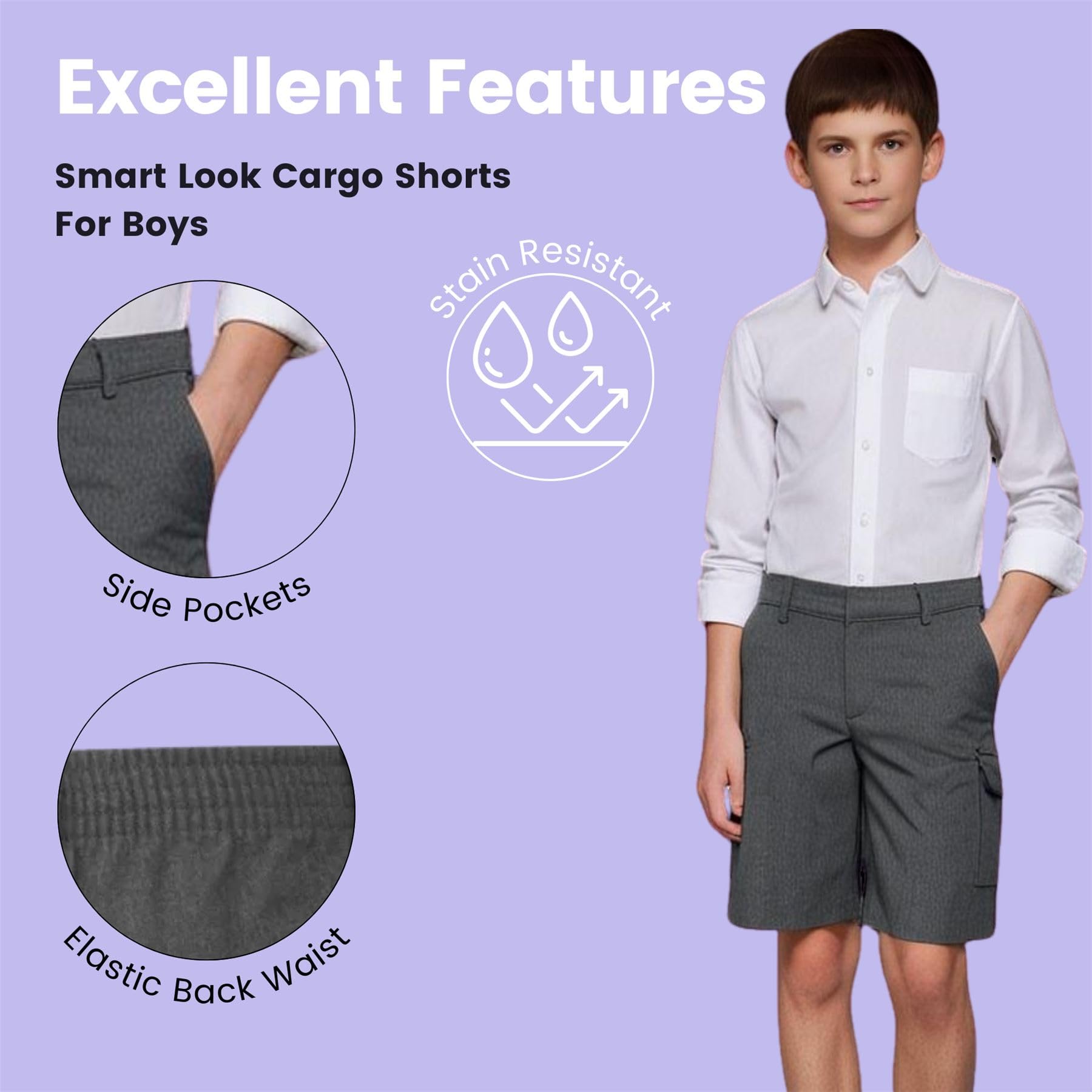 Pantalones cortos cargo para niños, paquete de 3 pantalones cortos escolares lisos de cintura ajustable, cómodo uniforme escolar de verano, edades de 2 a 13 años, en negro y gris, gris, 9