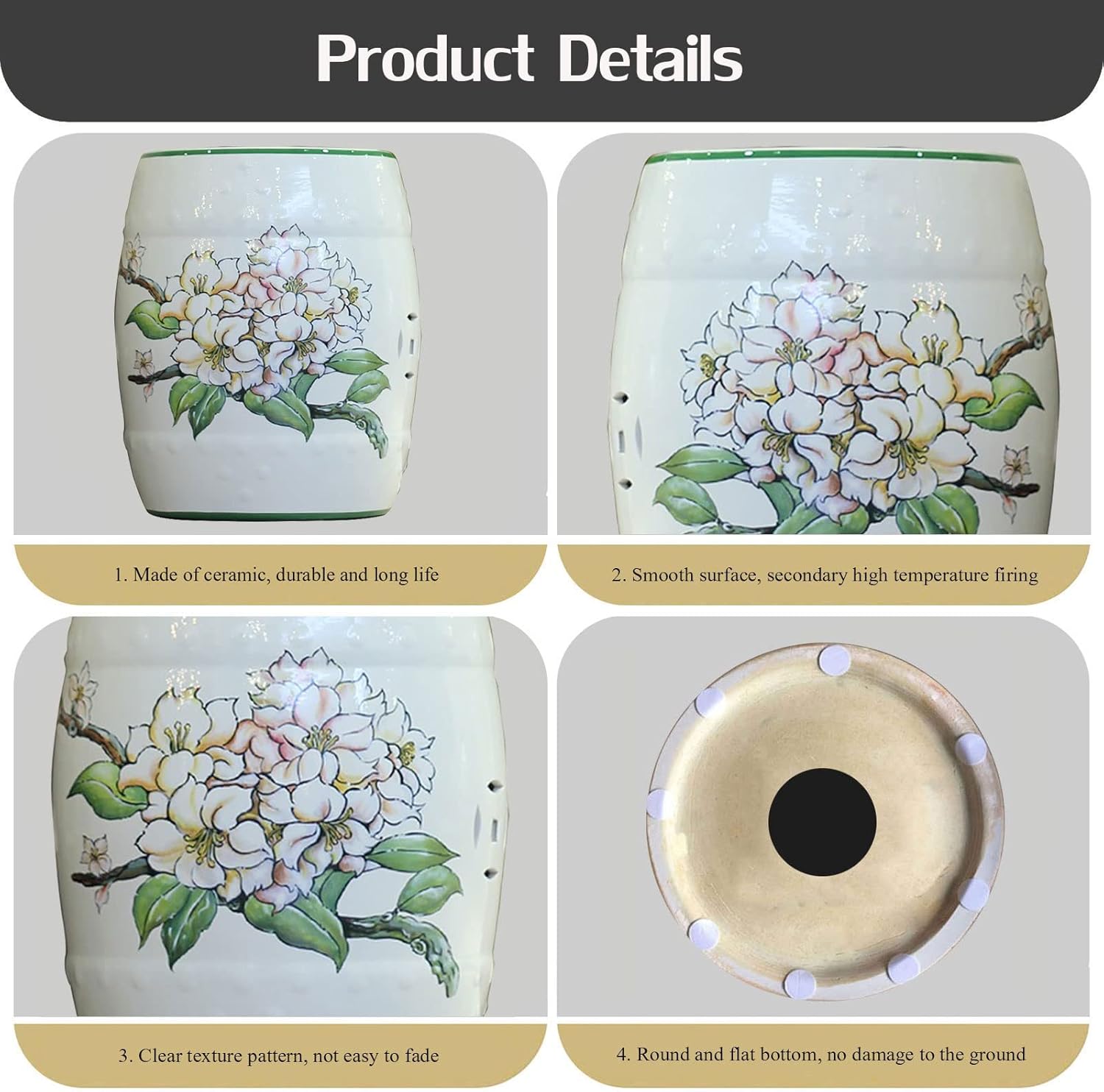 Drum Stool,Garden Stool, Decorative Ceramic Garden Stool, Glazed Hollow Flower Bird Shoe-Changing Stool, Suitable for Living Room, Balcony, Garden, Etc.(White)