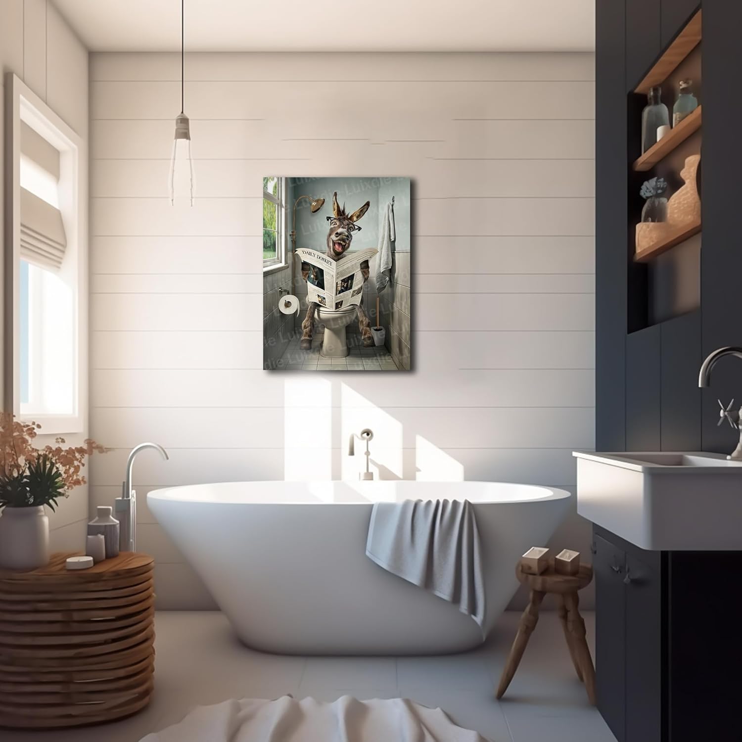 Farmhouse Bathroom Wall Art Funny Wall Art Bathroom Signs Donkey Sitting in Toilet Bathroom Pictures Canva Rustic Funny Animal Bathroom Decor Wall Art for Bathroom Toilet Decoration 20x24inch(Frame)