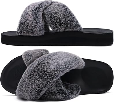 COFACE Womens Fuzzy Slides Fluff Faux Fur Cross Slippers Open Toe Yoga Mat House Slipper Sandals With Arch Support For Indoor/Outdoor