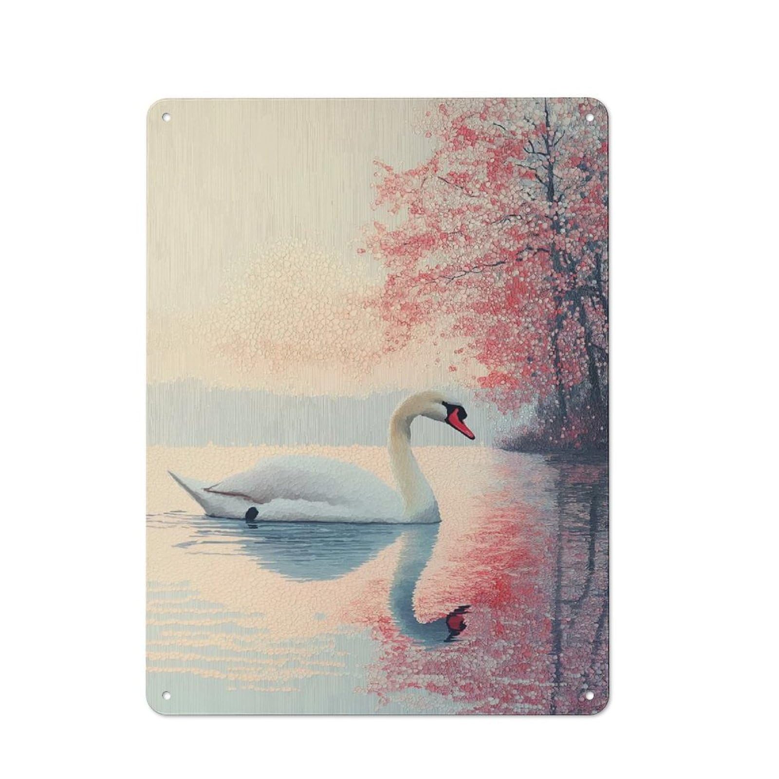 Junmoney Style-23 Smart Tin Sign 40X30cm Featuring Swan In A Pink Floral Lake, Office Wall Decor For Workspace, Cafe, Shop Or Desk Area