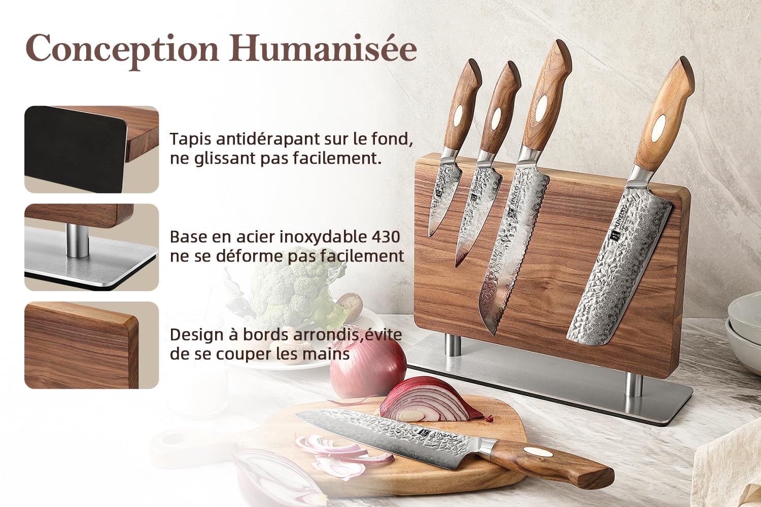 XINZUO Bois de Noyer Bloc à Couteaux Magnétique -Bloc Aimanté Double Face -Facile à Nettoyer -Porte Couteaux avec Aimant Puissant -Range Couteau de Cuisine Vide -avec Tapis de Pied Antidérapant