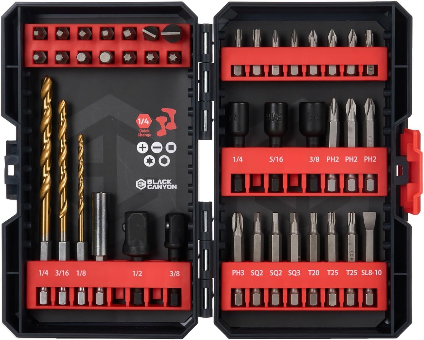 BLACK CANYON Screwdriver Bits Set, 42 Pcs Drill Bit Set and Impact Driver Bits with Philips, Square, Hex, Slotted, Torx, Twist Drill Bits, Nut Drivers, 1/4” Hex, Portable Case
