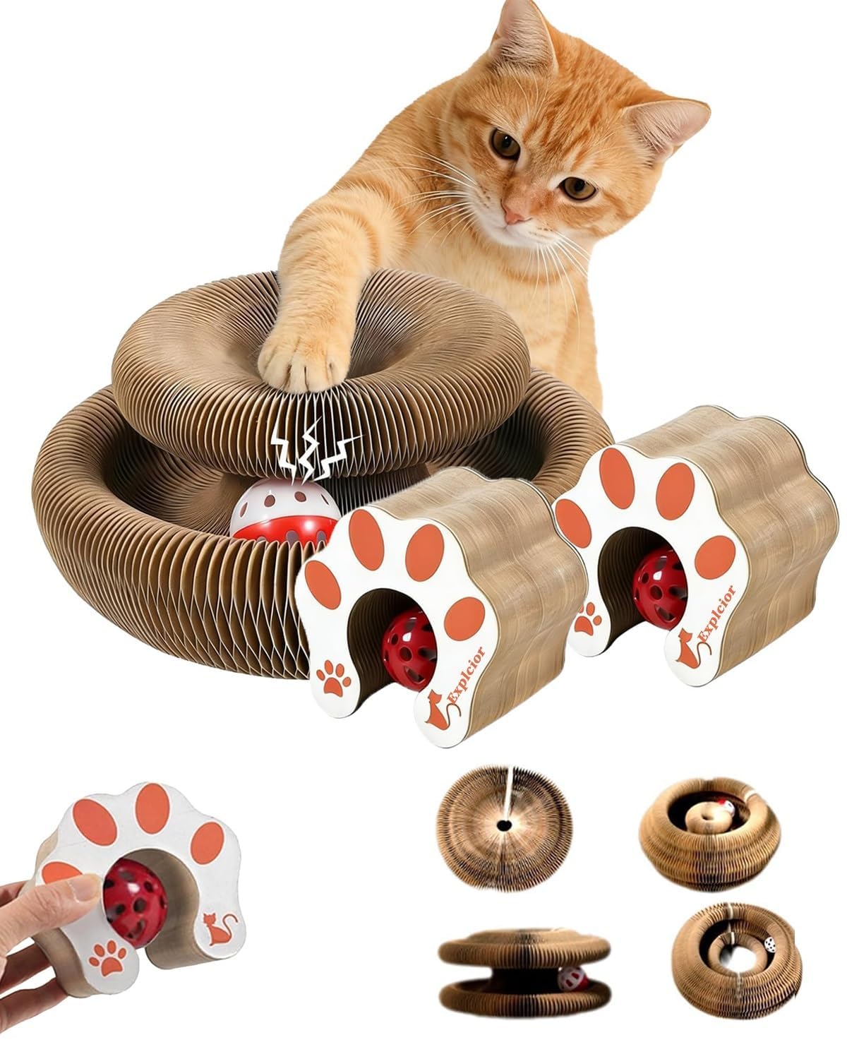 Paw Relief Cat Toy Foldable Cat Scratcher Board Interactive Accordion Scratch Pad with Ball Curly Scratch Ring Recyclable for Indoor Outdoor Cats and Kittens Furniture Protector (2pcs)