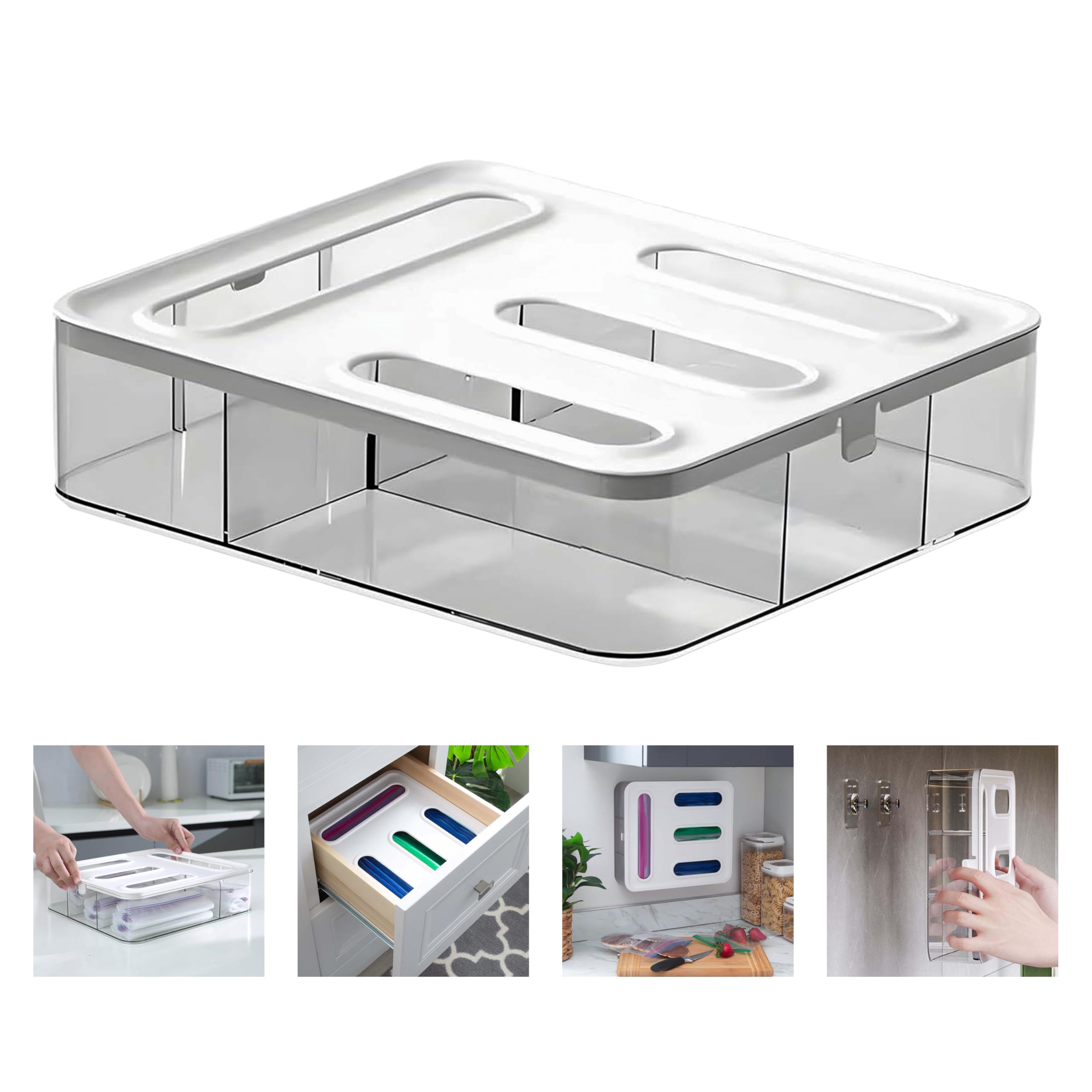 Organizador de bolsas Ziplock para cocina, 4 ranuras, montaje en pared o almacenamiento de cajones, dispensador de bolsas de plástico con diseño de tapa de bloqueo