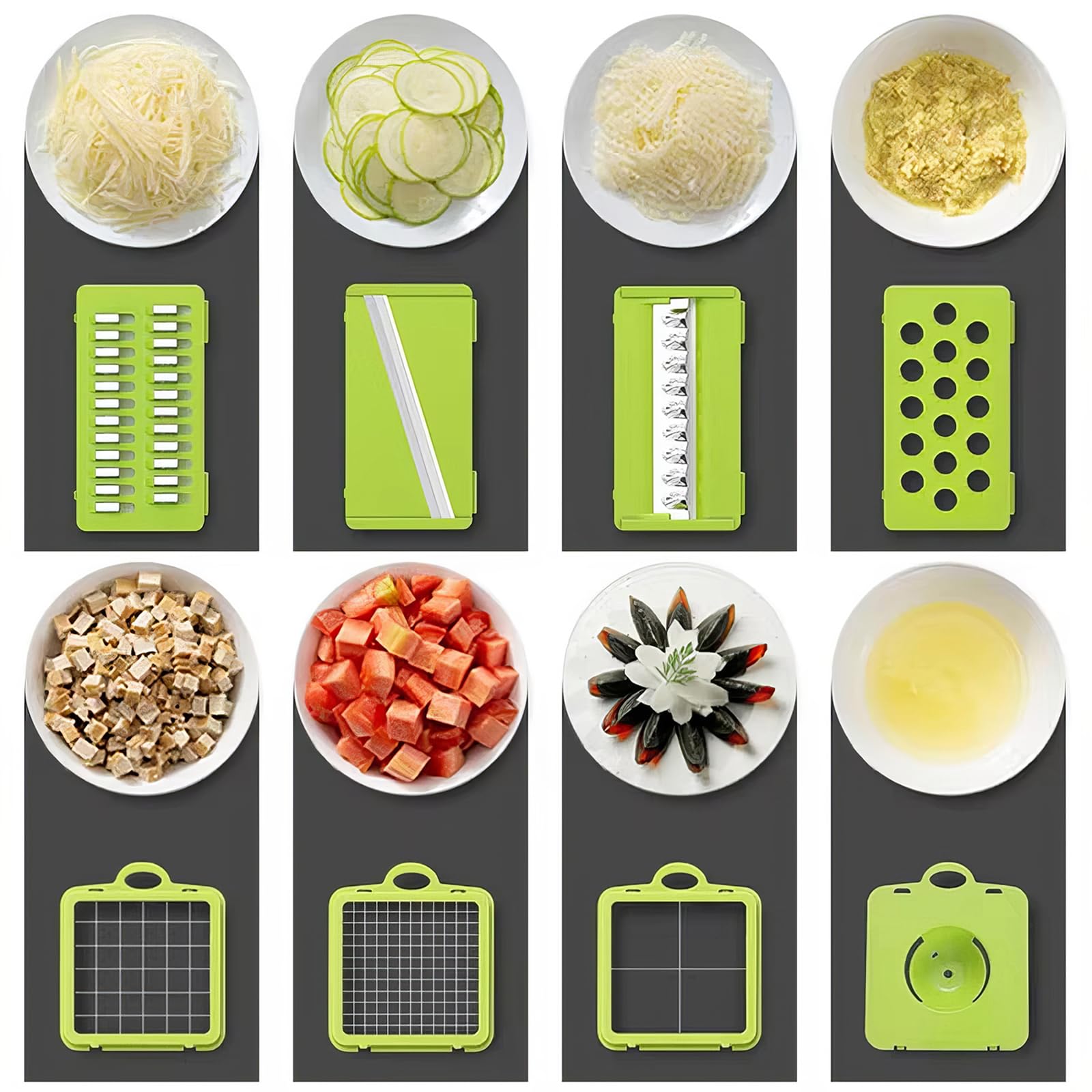 28 picadores de verduras, ensalada, cebolla, picador de alimentos, mandolina con 11 cuchillas, 4 recipientes con cesta de drenaje, tabla de cortar integrada, cortador de patatas y pepino