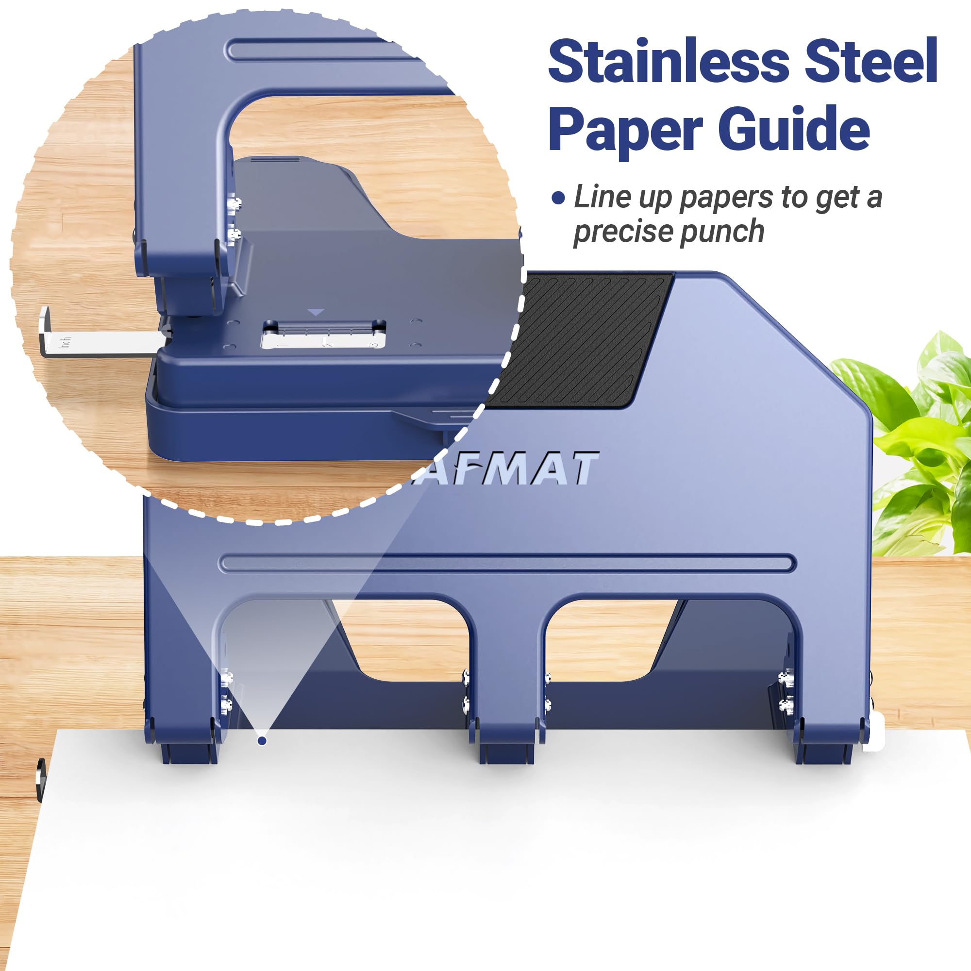 AFMAT 3-Lochstanzer, robust, 40 Blatt, 3-Lochstanzer für Ordner, Metall-Dreilochstanzer mit mehr als 10.000 Stanzzeiten, 50 % reduzierter Aufwand, integrierte SS-Papierführung, große Spanablage, Blau