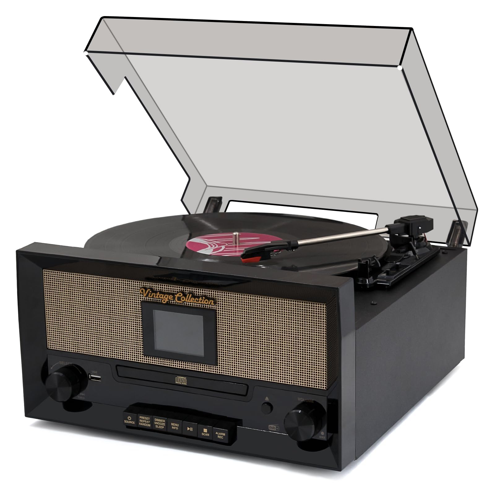 Tocadiscos con altavoces estéreo dobles integrados, tocadiscos de vinilo inalámbrico 9 en 1 de 3 velocidades con disco CD, combo de radio PLL FM/DAB, reproducción y grabación USB, conector para