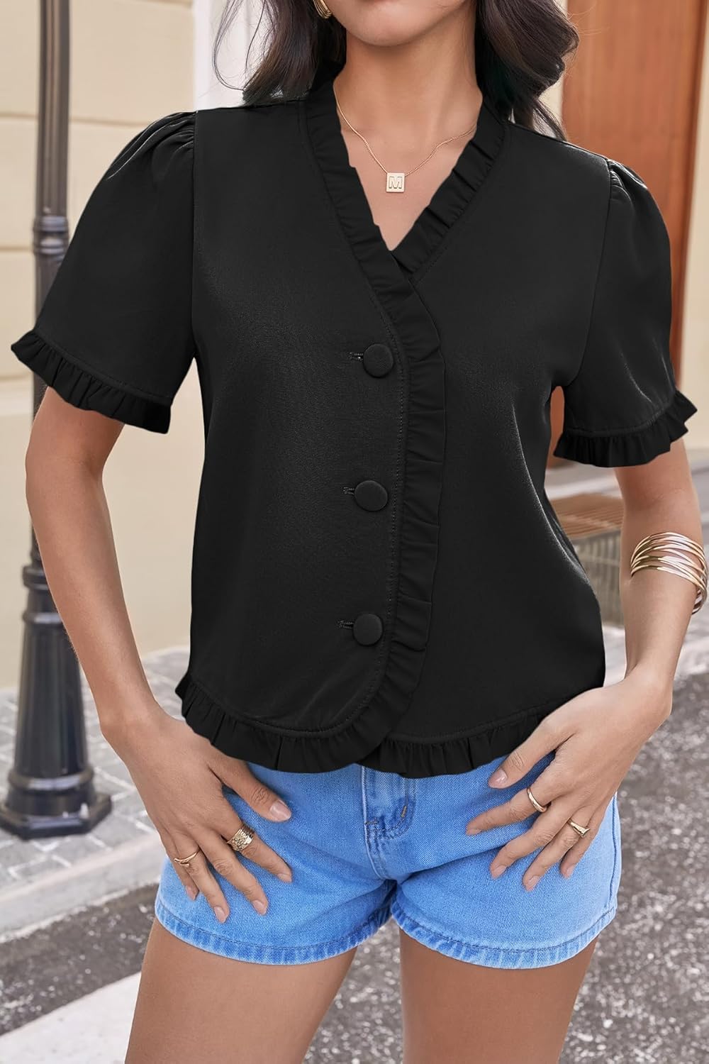 Tankaneo Womens Cropped Short Puff Sleeve Blouse Summer Ruffle V Neck Button Down Shirts Dressy Casual Work Tops - Image 3